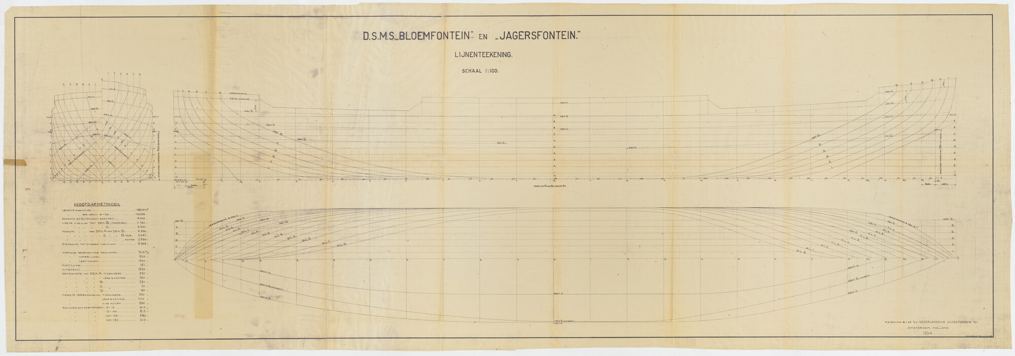 B.0226(02); Lijnentekening van het vracht- en passagiersschip ms. Bloemfontein en Jagersfontein; technische tekening