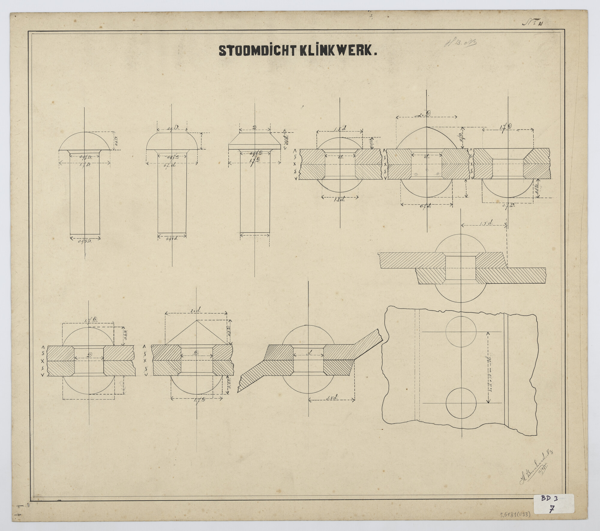 S.5181(033); Inleiding in de eerste beginselen rechtlijnig, bouwkunstig- en werktuigbouwkunstig tekenen: stoomdicht klinkwerk; technische tekening
