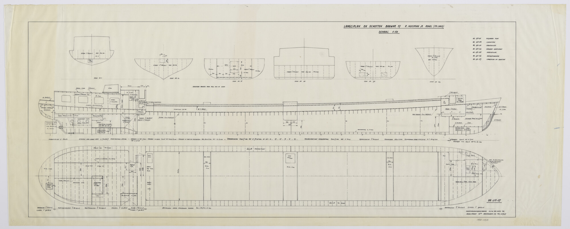 1992.0931; Langsplan en schotten motorvrachtschip voor R. Huisman - Rohel (Friesland) -; technische tekening