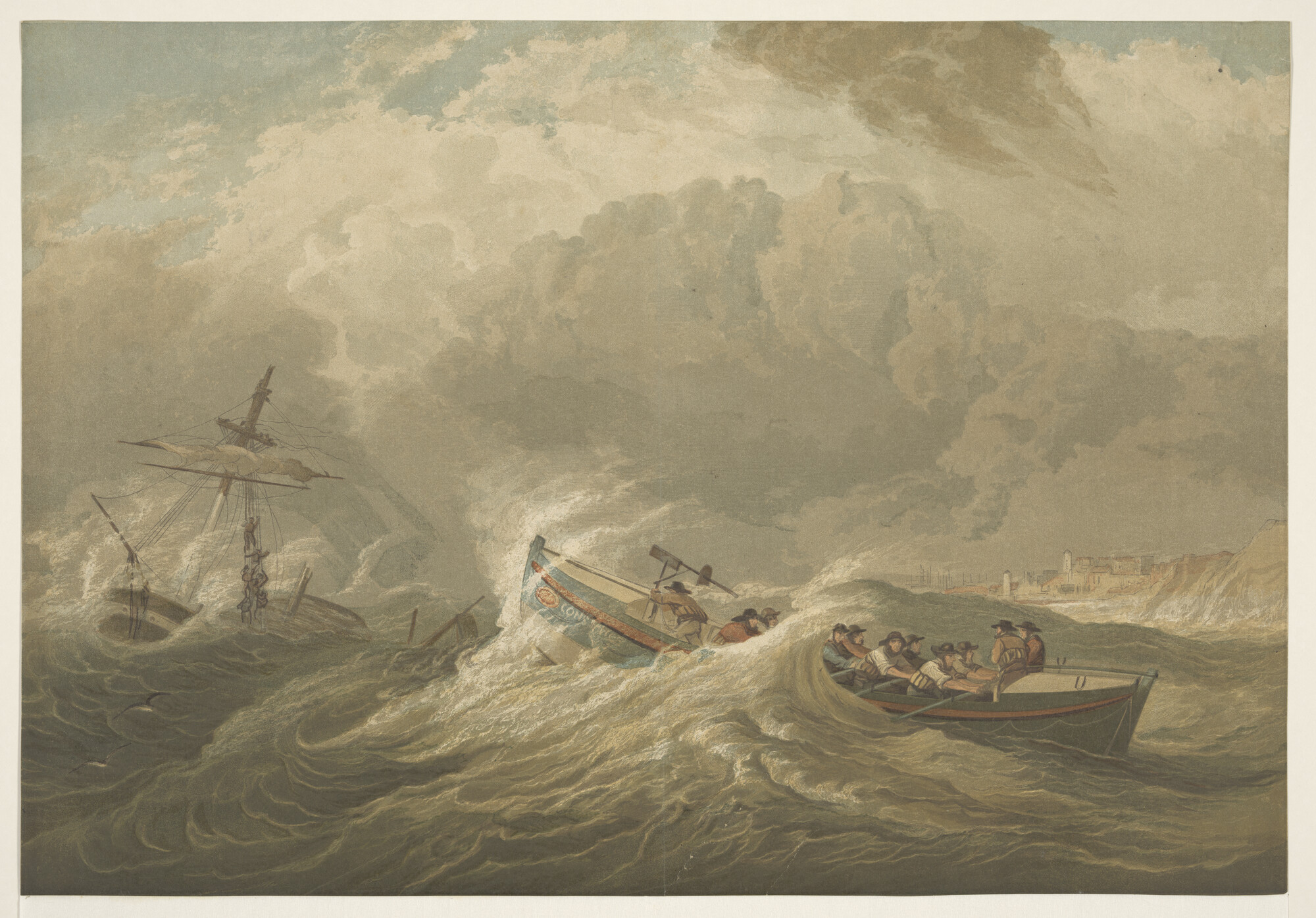 A.0149(0850); De reddingsloep Constance vaart uit ter redding van opvarenden van een zinkend zeilschip; prent