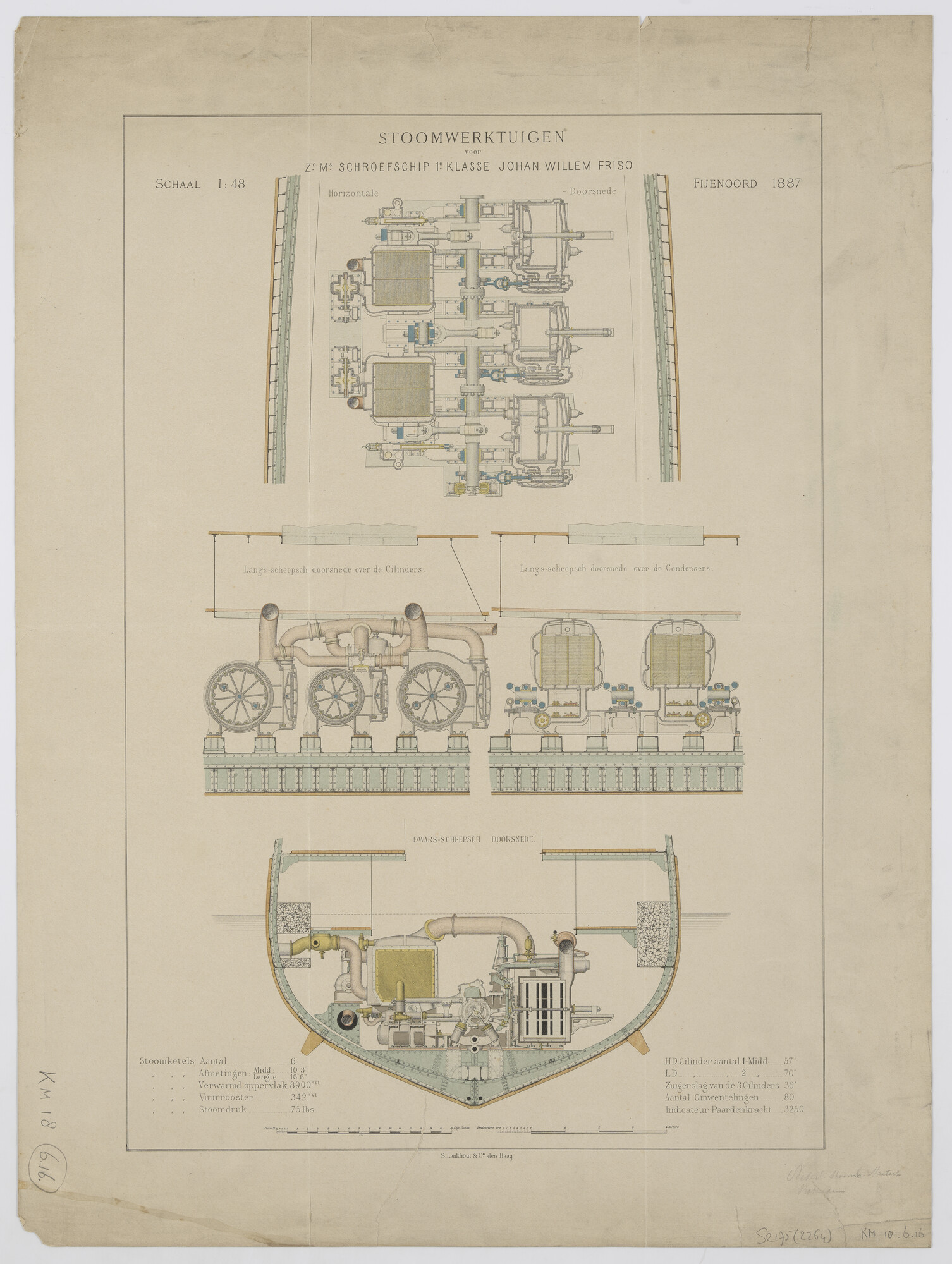 S.2175(2264); Het schroefstoomschip der eerste klasse Zr.Ms. Johan Willem Friso; technische tekening