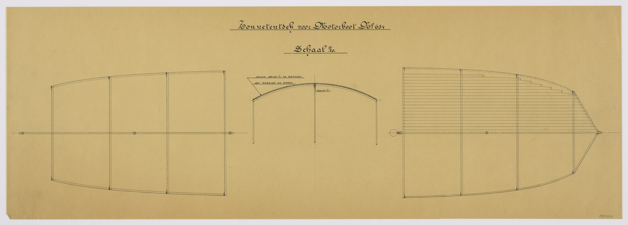 1995.2213; Zonnetent van een zeewaardig motorvrachtschip voor Indië; technische tekening