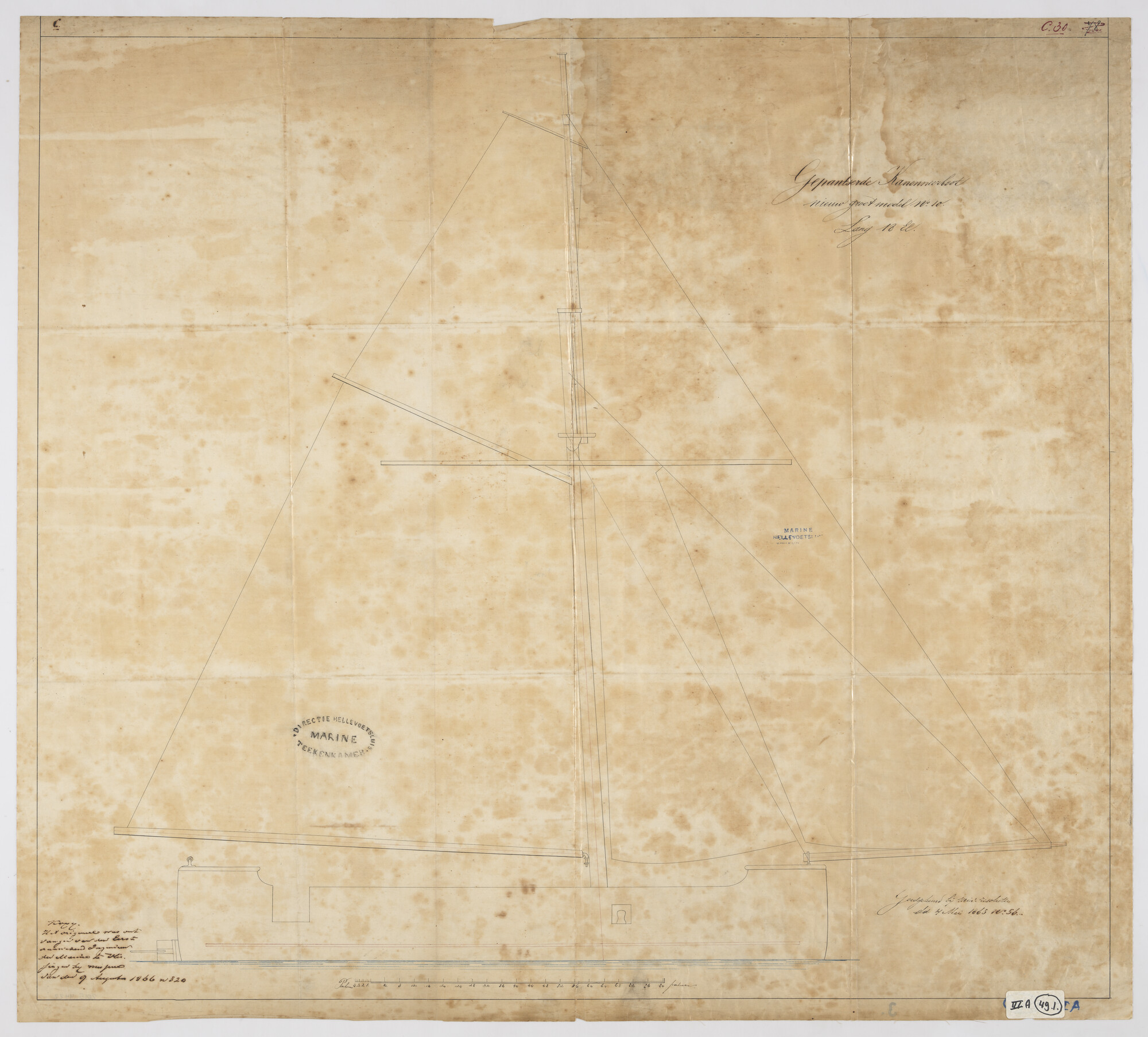 2015.4422; Tuigplan van een kanonneerboot; technische tekening
