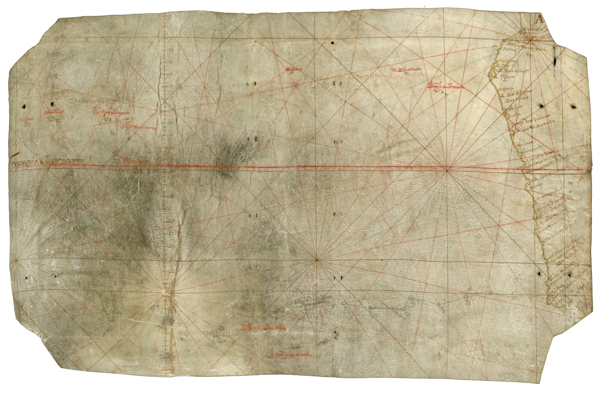 S.1012(02); Fragment van een zeekaart van de Zuid-Atlantische Oceaan door Joan Blaeu, circa 1655; perkamentkaart