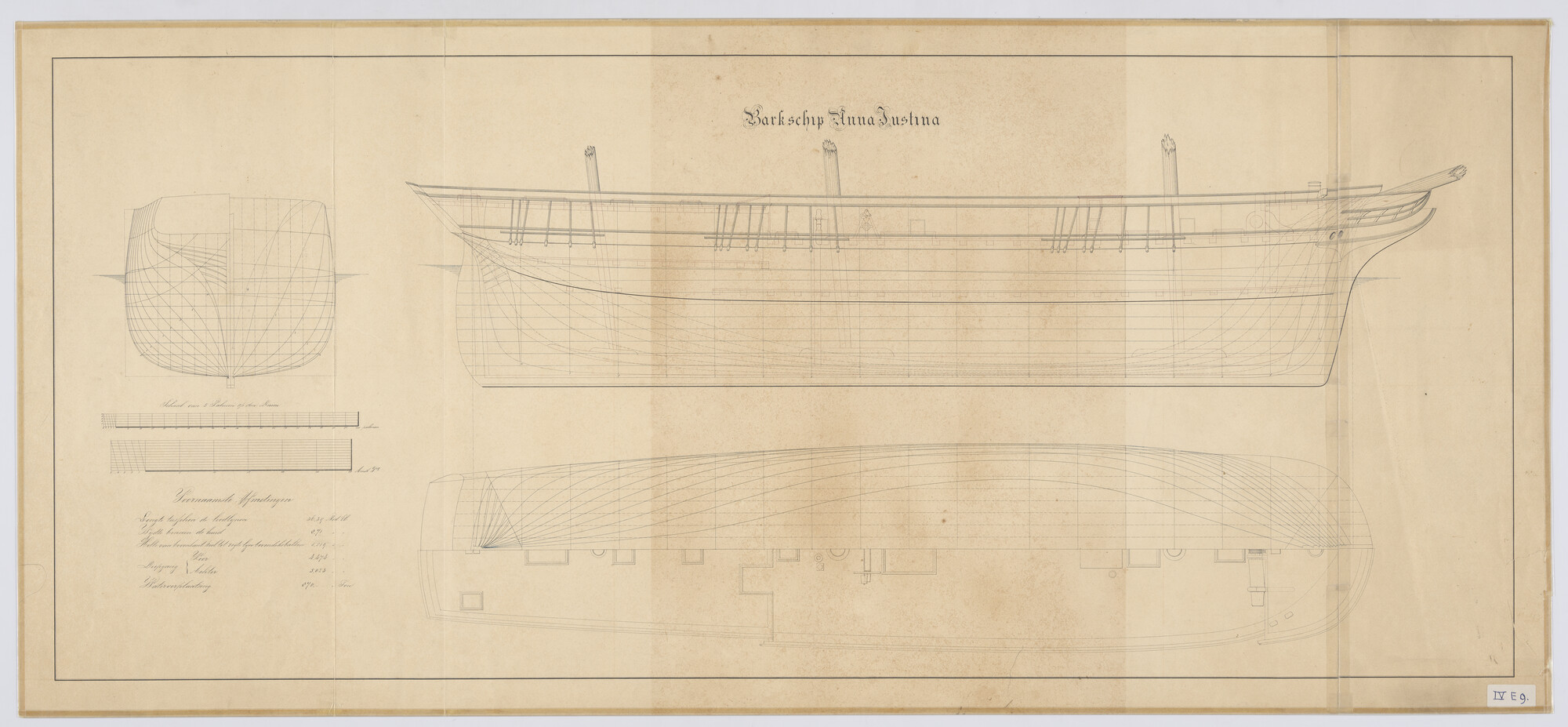 A.0149(0963); Zijaanzicht, bovenaanzicht, spantenraam, waterlijnen, verticalen, senten,; technische tekening