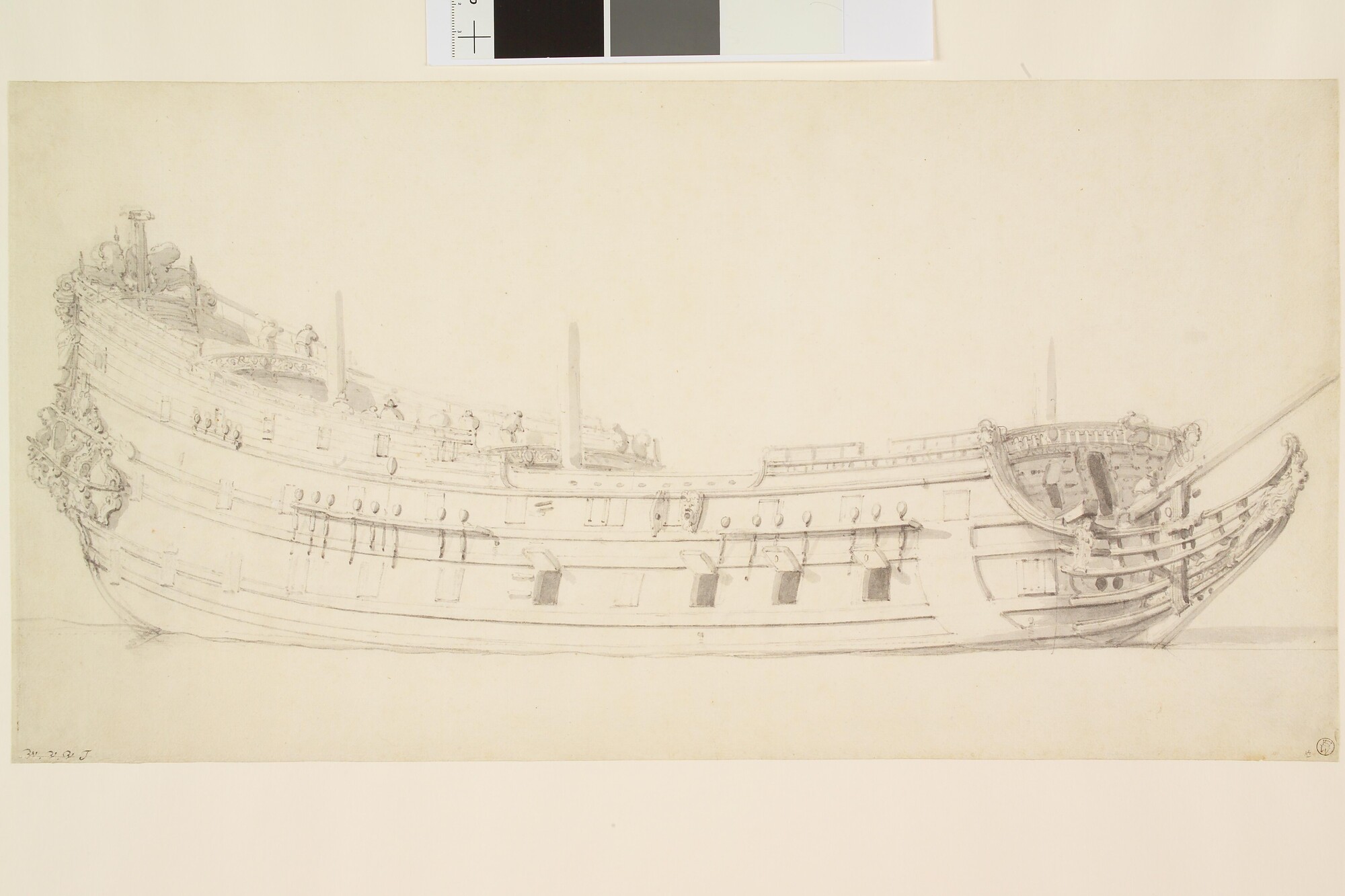 A.0149(0154); Een Nederlands oorlogsschip van ongeveer 60 stukken; tekening