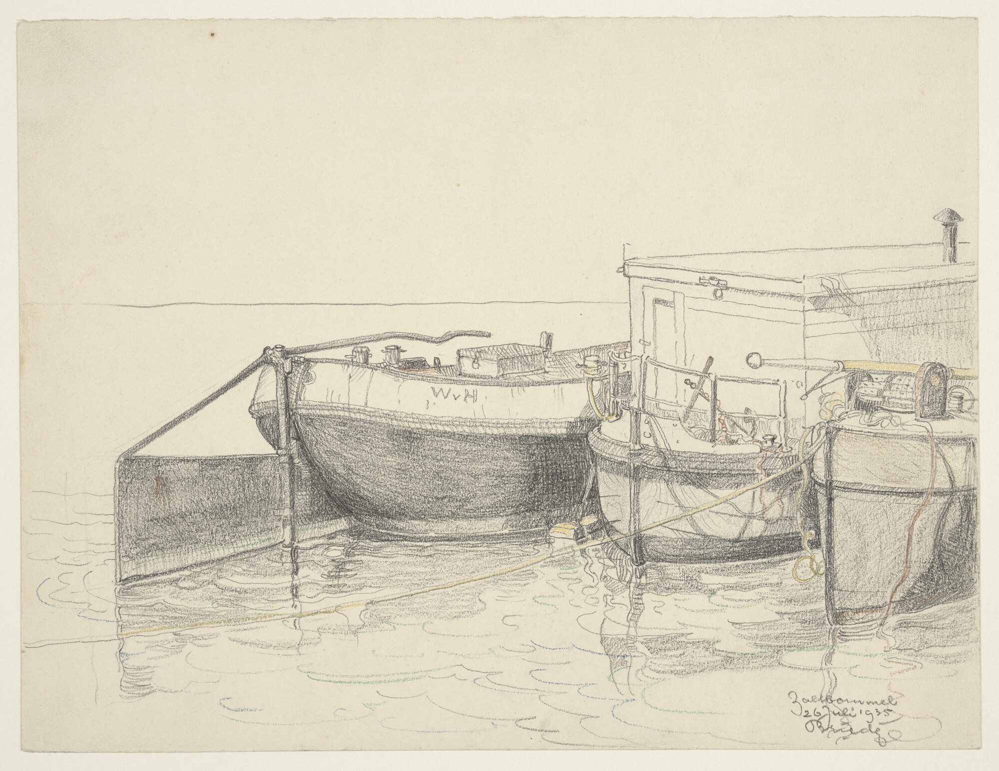 A.4894(17); Een binnenschip, een kantoorboot en een kabellegger in Zaltbommel, 1935; tekening