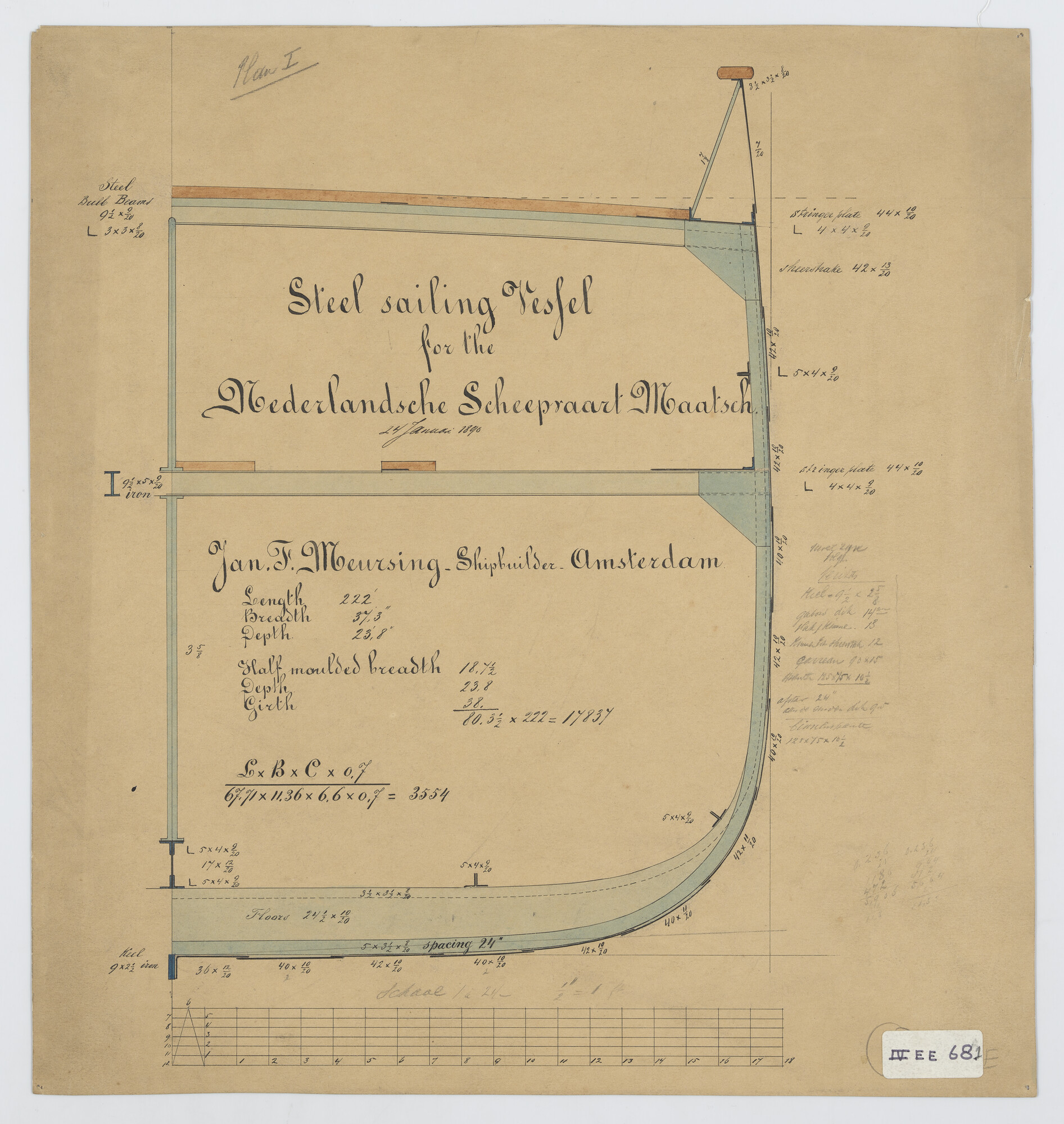 S.1156(05)0091; Grootspant van de klipperbark Van Galen; technische tekening