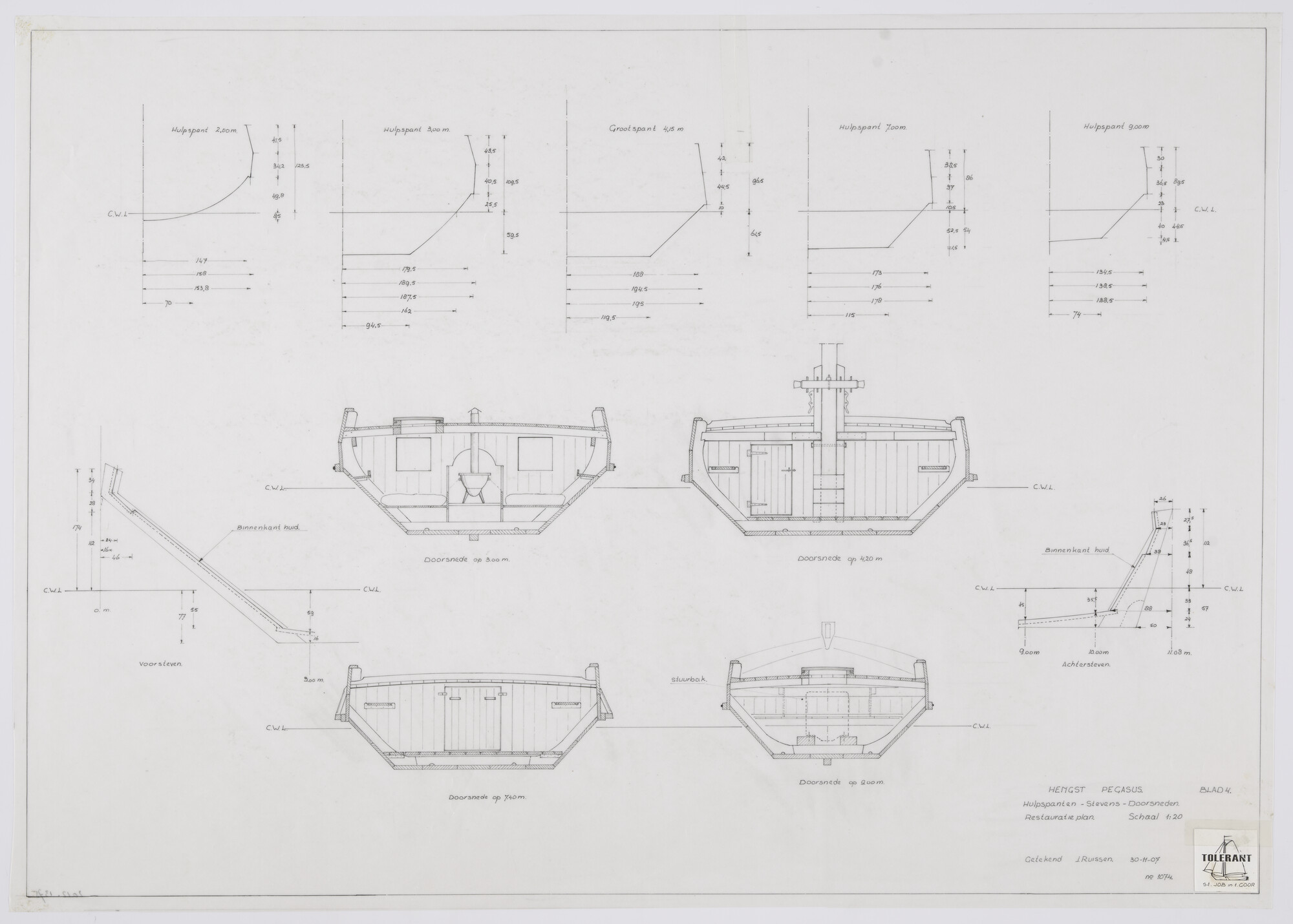2012.1375; Constructieplan van de te herbouwen hengst 'Pegasus' van 11.08 meter; technische tekening