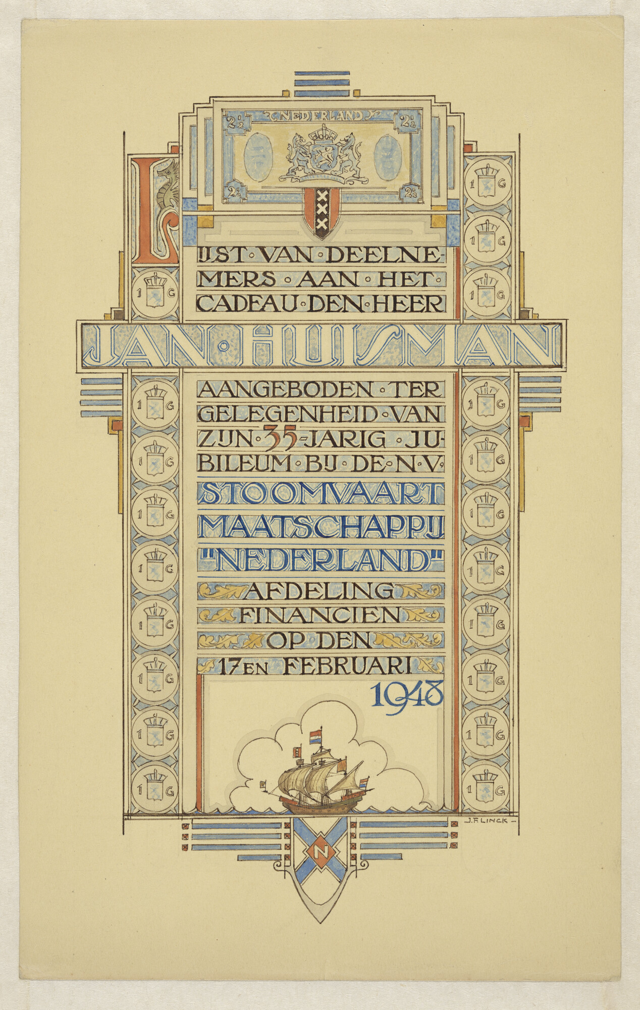 A.5809(07); Ontwerp voor een oorkonde met de namen van degenen die hebben bijgedragen aan; tekening