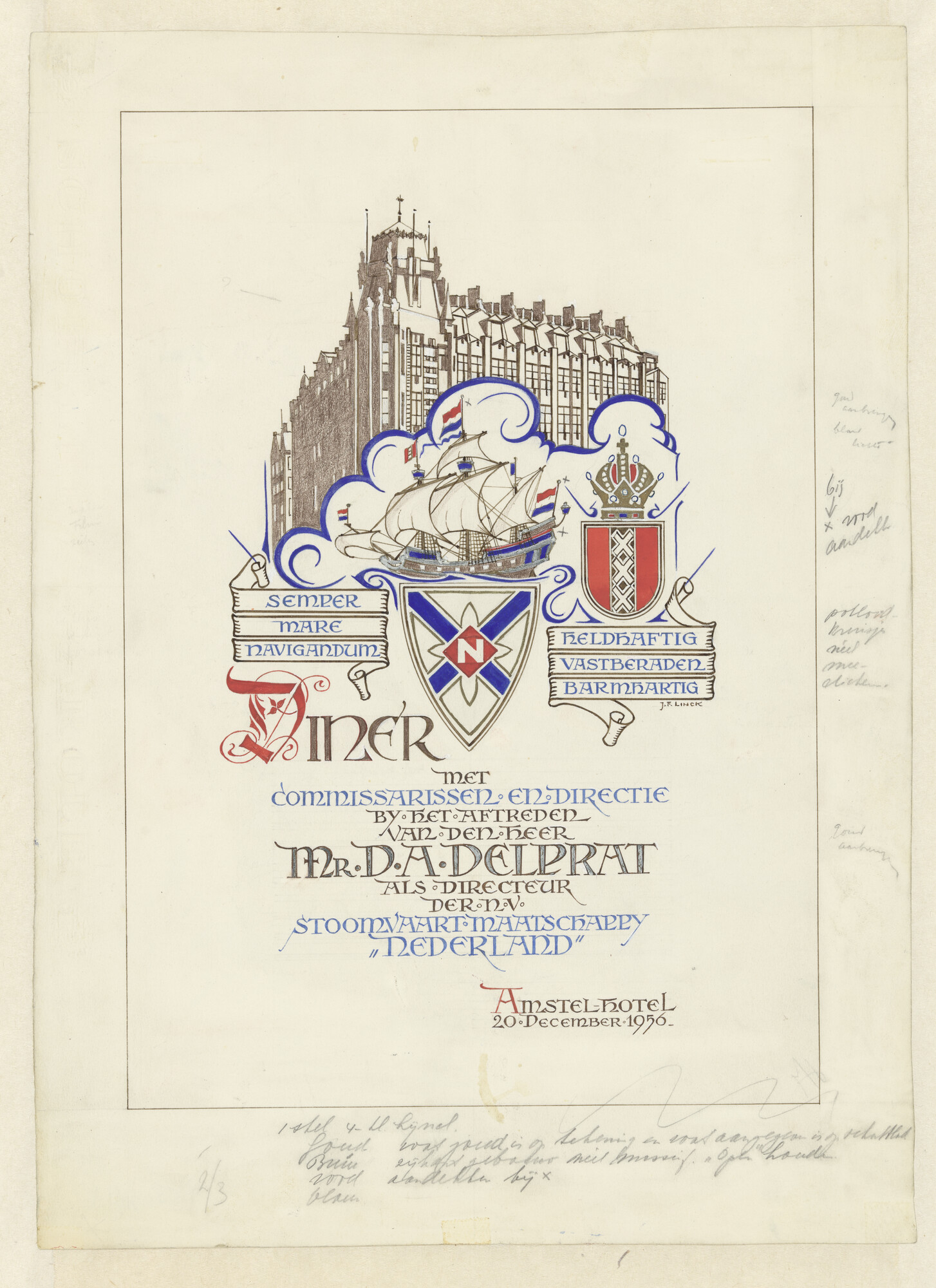 A.5809(03); Ontwerp voor een menukaart voor het afscheid van de heer Mr. D.A. Delprat, directeur van de SMN, 1956; tekening