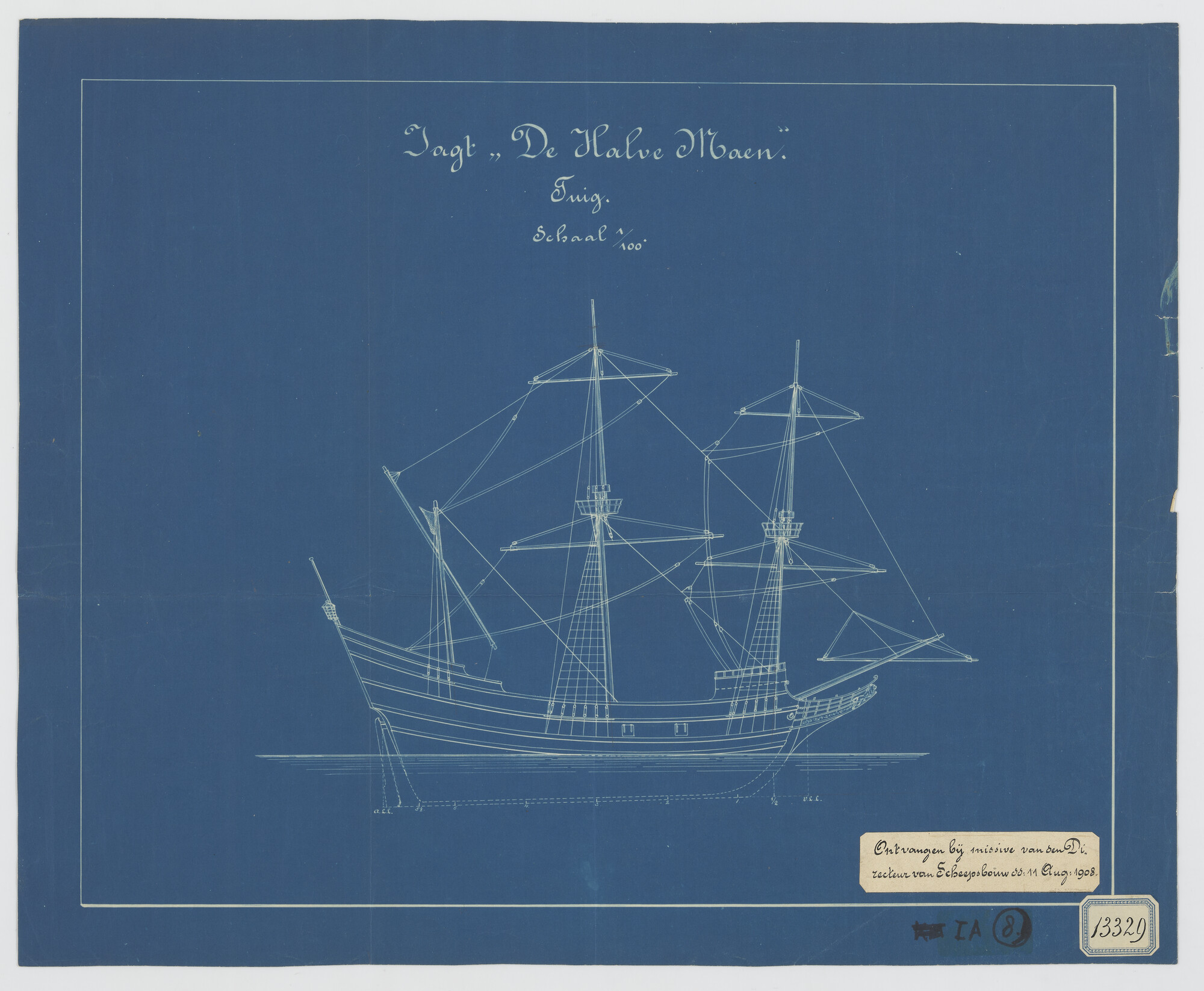 S.2112(05a)02; Tuigplan van de replica van het jacht 'Halve Maen'; technische tekening