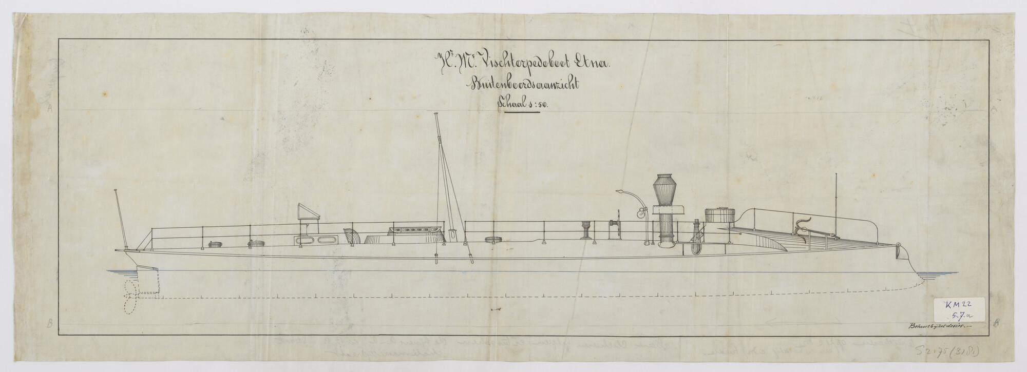 S.2175(3181); Zijaanzicht van de spartorpedoboot Zr.Ms. Etna; technische tekening