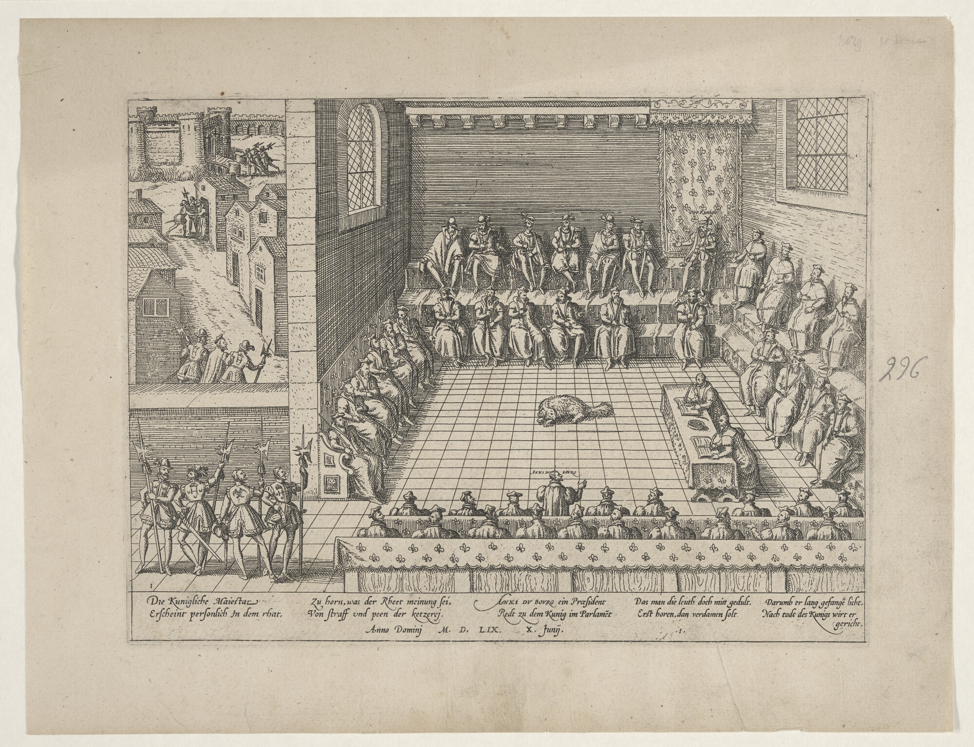 A.0145(027)018; Anne du Bourg verdedigt de Protestanten in het Parlement, 10 juni 1559; prent