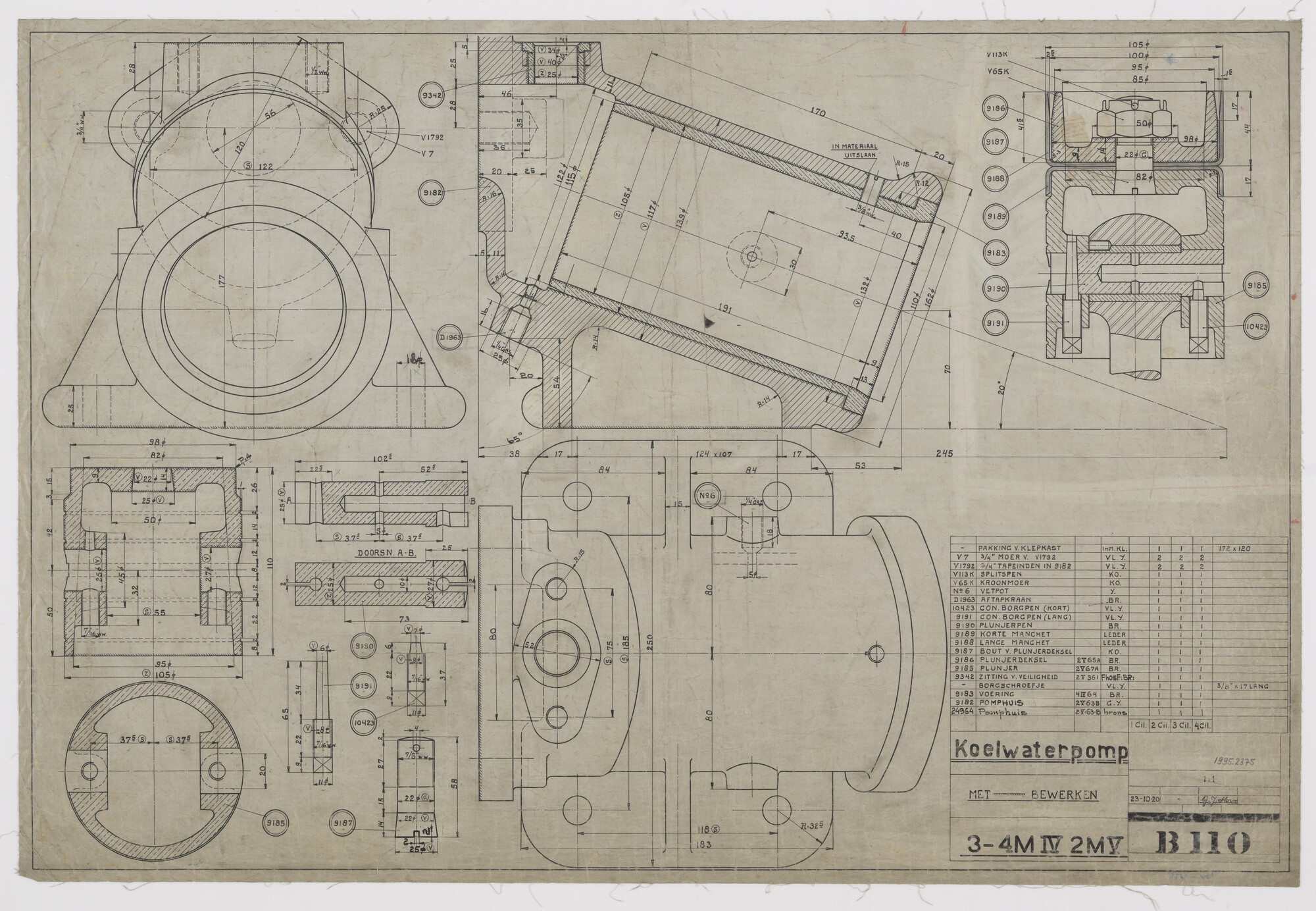 1995.2375; Koelwaterpomp van de Kromhoutmotor 3M4 4M4 2M5; technische tekening