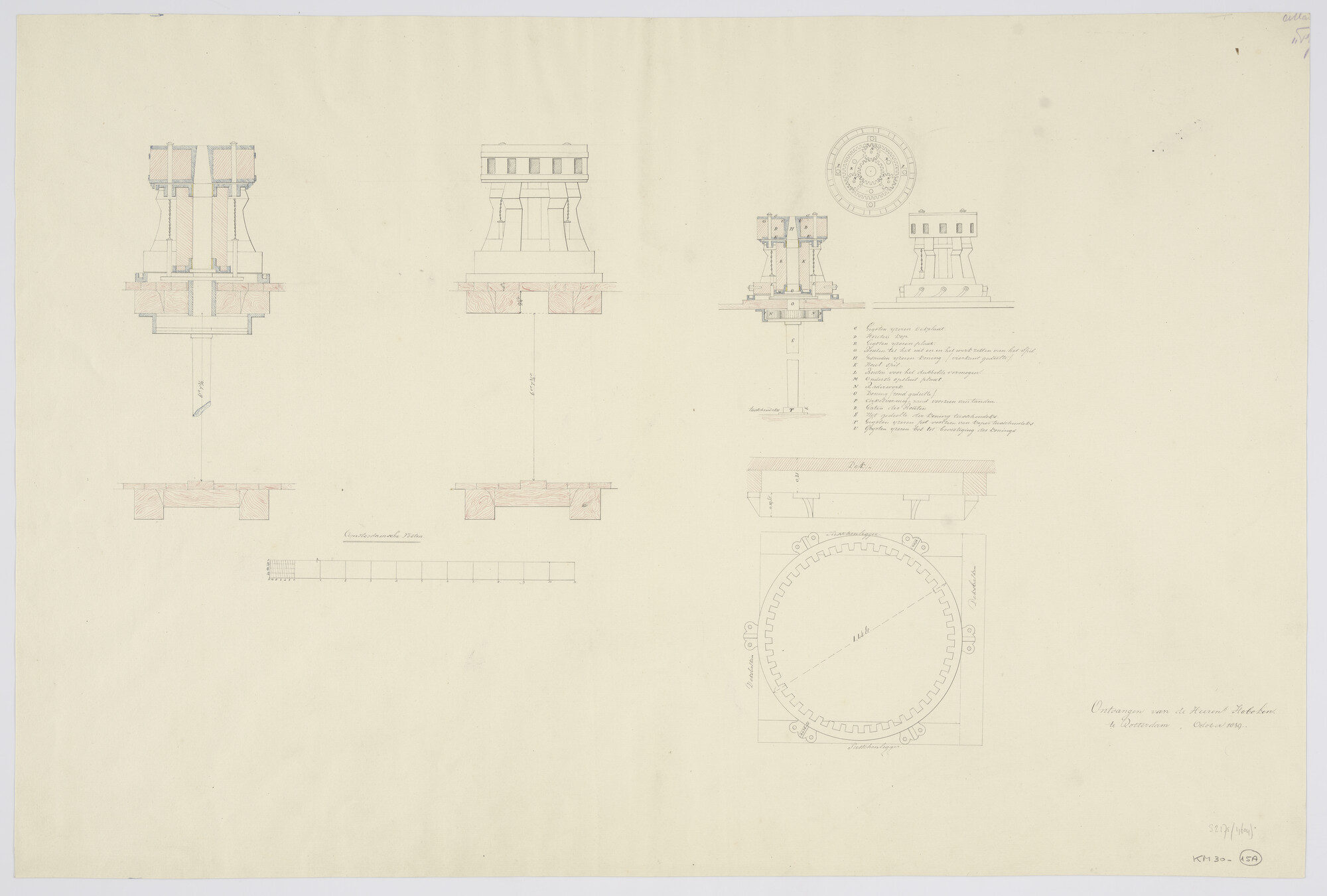 S.2175(4604); Houten kettingspil met ijzeren delen; technische tekening
