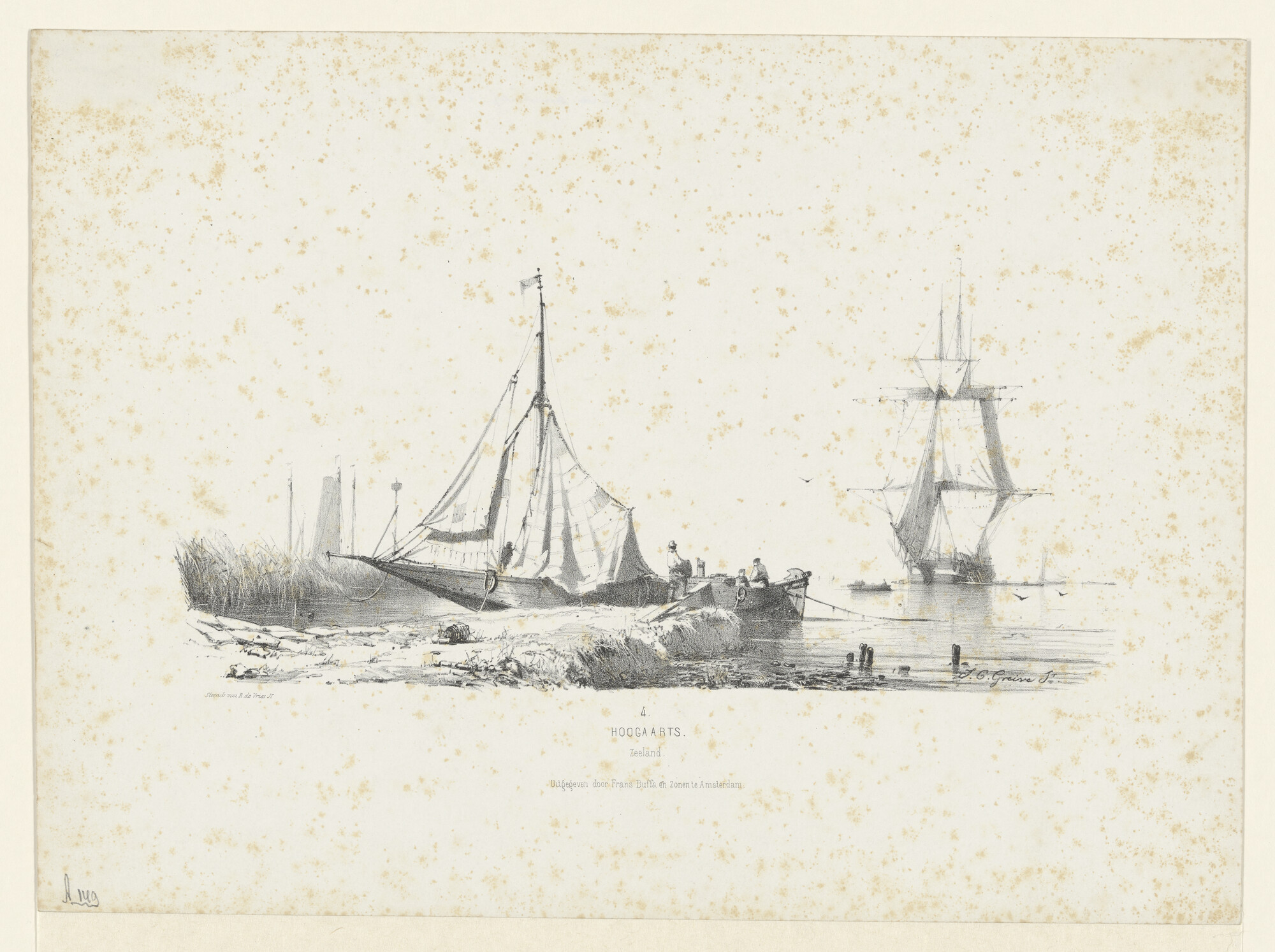 A.0149(0694); Een hoogaars uit Zeeland voor anker op stil water; prent