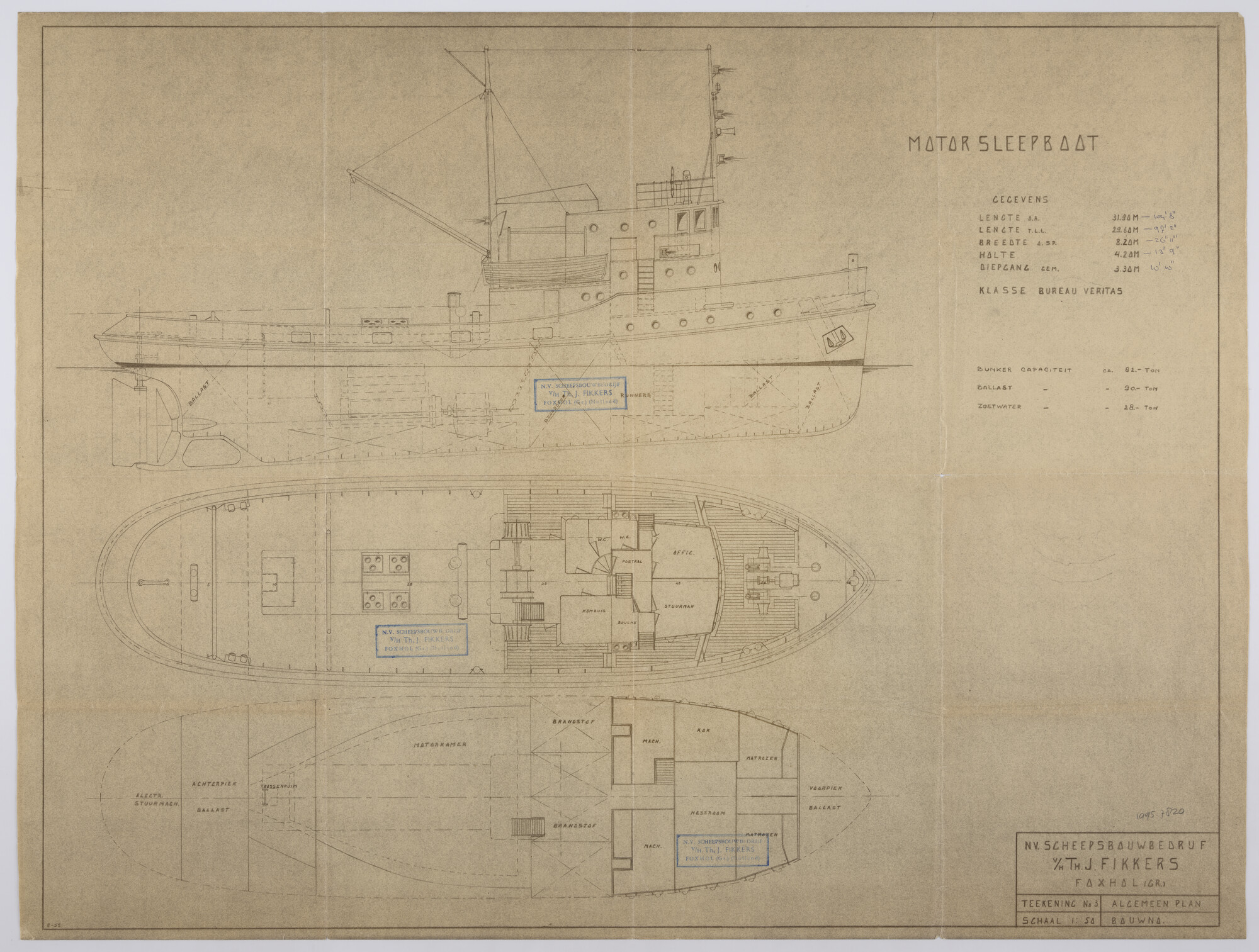 1995.7820; Ontwerp algemeen plan (1:50) voor een kust motorsleepboot voor Wijsmuller [...]; technische tekening