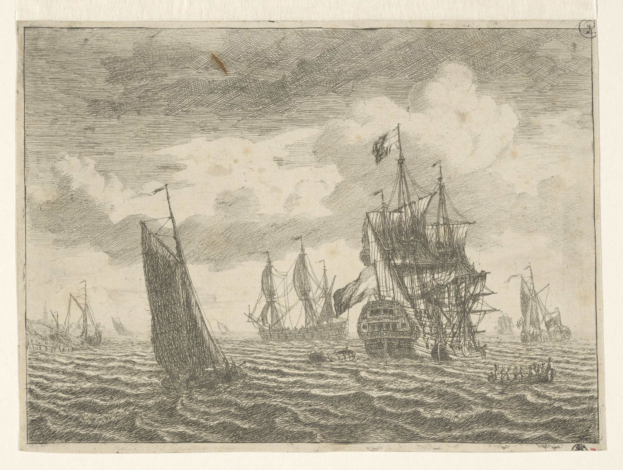 A.1300(03); Een oorlogsschip met enkele andere schepen op een rede op stil water; prent