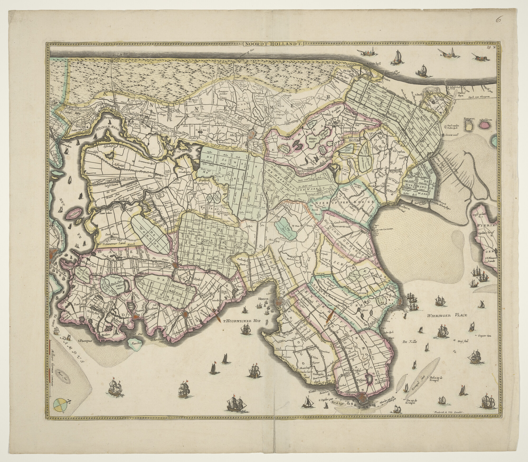 A.3845(01)029; Met de hand gekleurde kaart van Noord-Holland door Frederik de Wit (1610-1698); landkaart