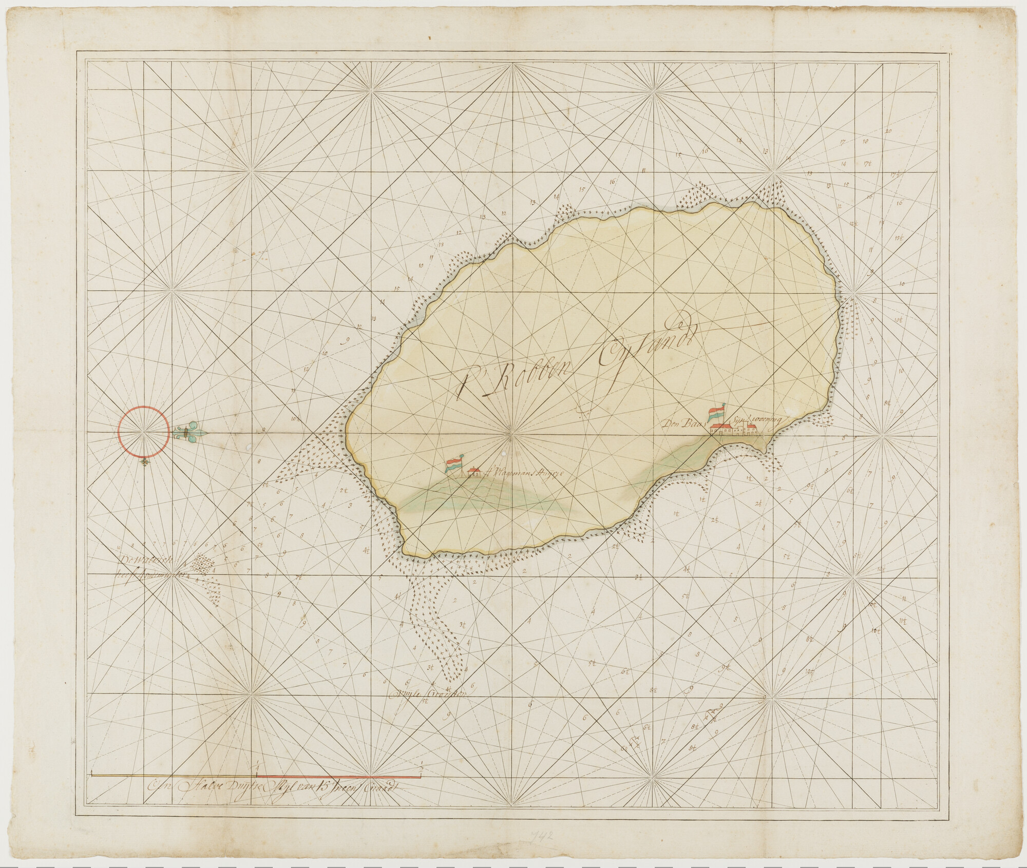 S.0007(01); Anonieme gekleurde handschriftkaart van Robbeneiland bij Zuid-Afrika, getekend op een gedrukt kaartnet; zeekaart
