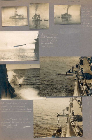 2001.1121; Blad uit een fotoalbum, met 7 foto's van een oefening met het afvuren van een vistorpedo bij Batavia en 2 groepsportretten van militaren in Nederlands Indië; fotoalbum