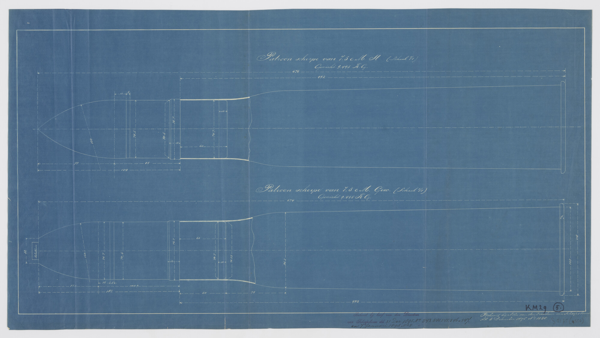 S.2175(4350); Doorsneden van een patroon van 7.5 cm; technische tekening