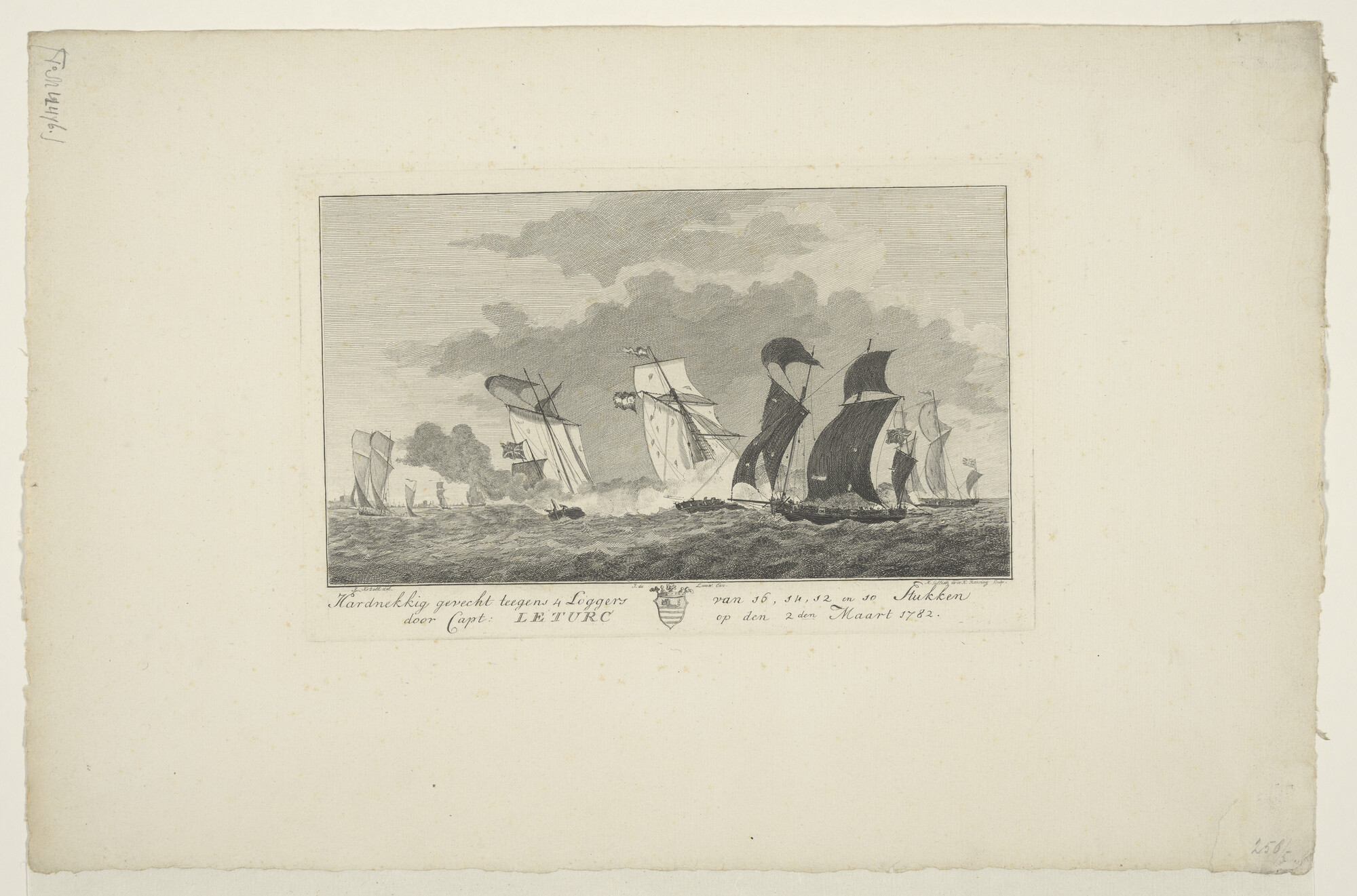 A.2160 [nr 0006]; Gevecht tussen Kapitein Pieter le Turc en vier Engelse loggers in 1782; prent
