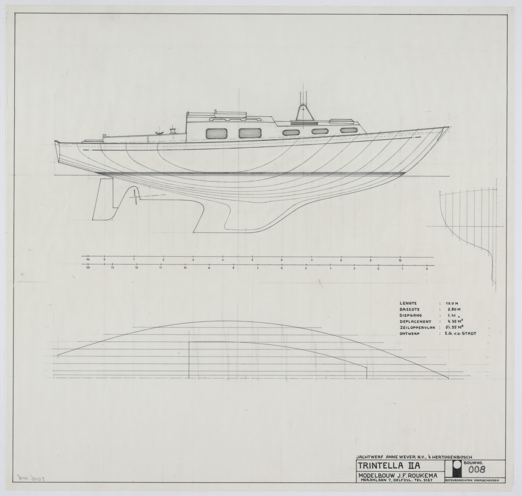 2016.1006; Werktekening scheepsmodel van het zeewaardige polyester kajuitzeiljacht type Trintella IIA; technische tekening