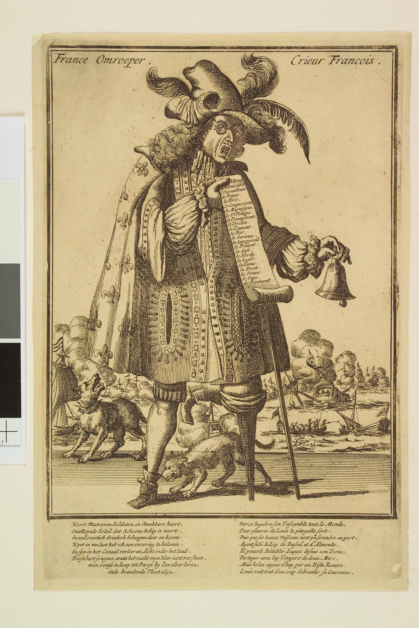 S.0847(08); Spotprent op de zeeslag bij Kaap la Hogue met de omroeper van Versailles; prent