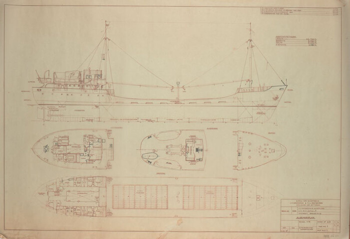 1999.2622; Algemeen plan van de coaster ms. 'Annie F.'; technische tekening