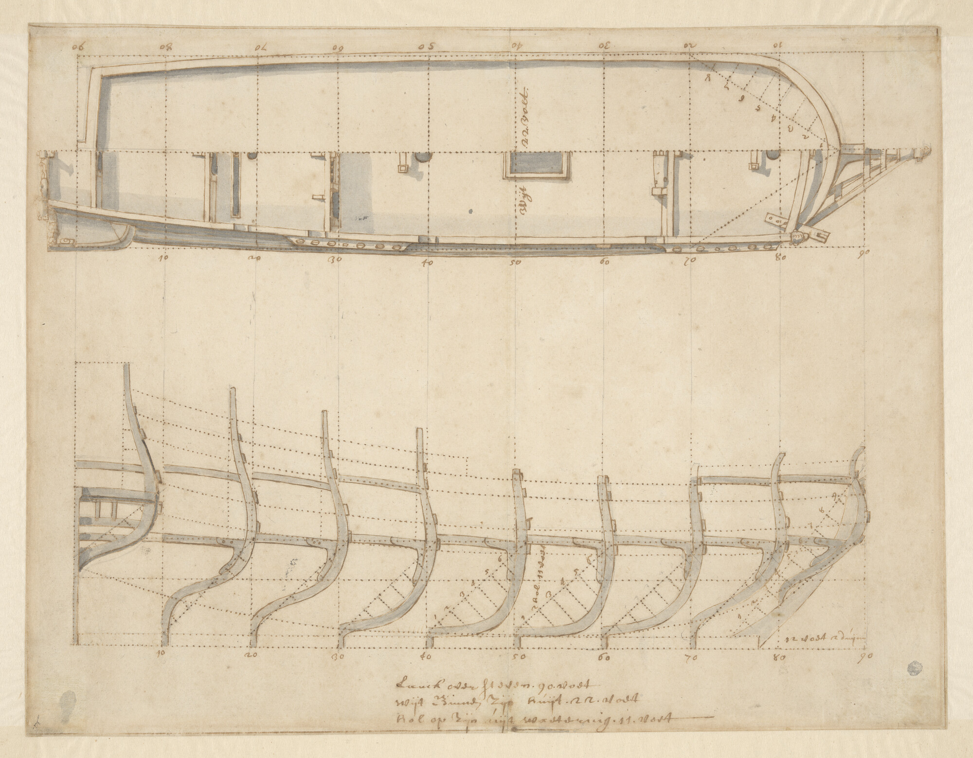 A.0149(0860); Spantenraam en bovenaanzicht van een pinasschip van 90 voet; technische tekening