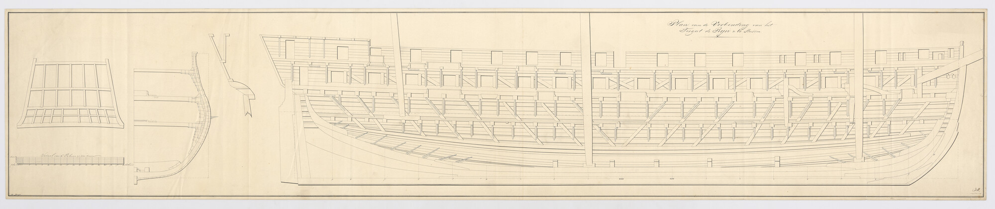 S.1214(0096); Constructieplan na de verlenging van het fregat 'Rijn' van 60 stukken; technische tekening