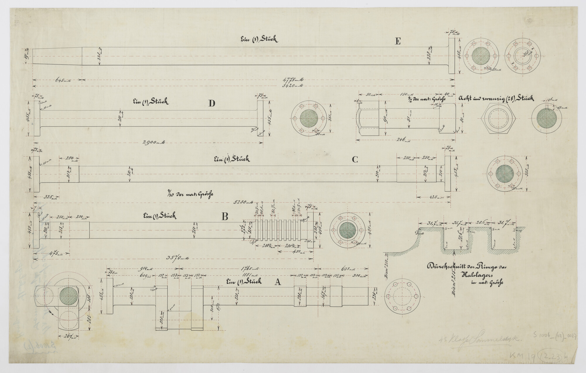S.1006(02)0027; Diverse doorsneden van drijfstangen en assen van het schroefstoomschip Zr.Ms. Sommelsdijk; technische tekening