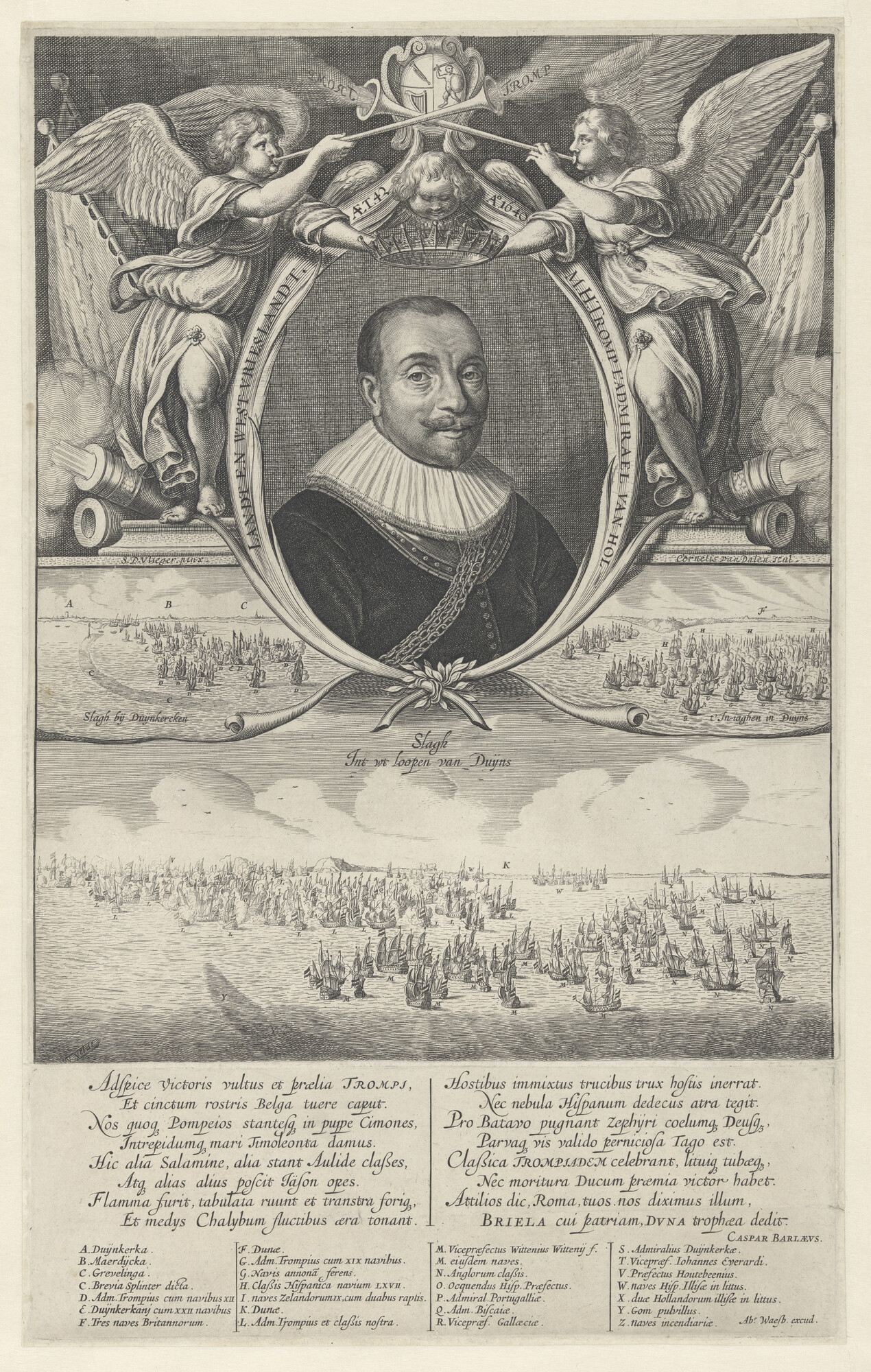 A.1222(01); Portret van Maarten Harpertsz Tromp met afbeeldingen van de zeeslagen bij Duinkerken en Duins; prent