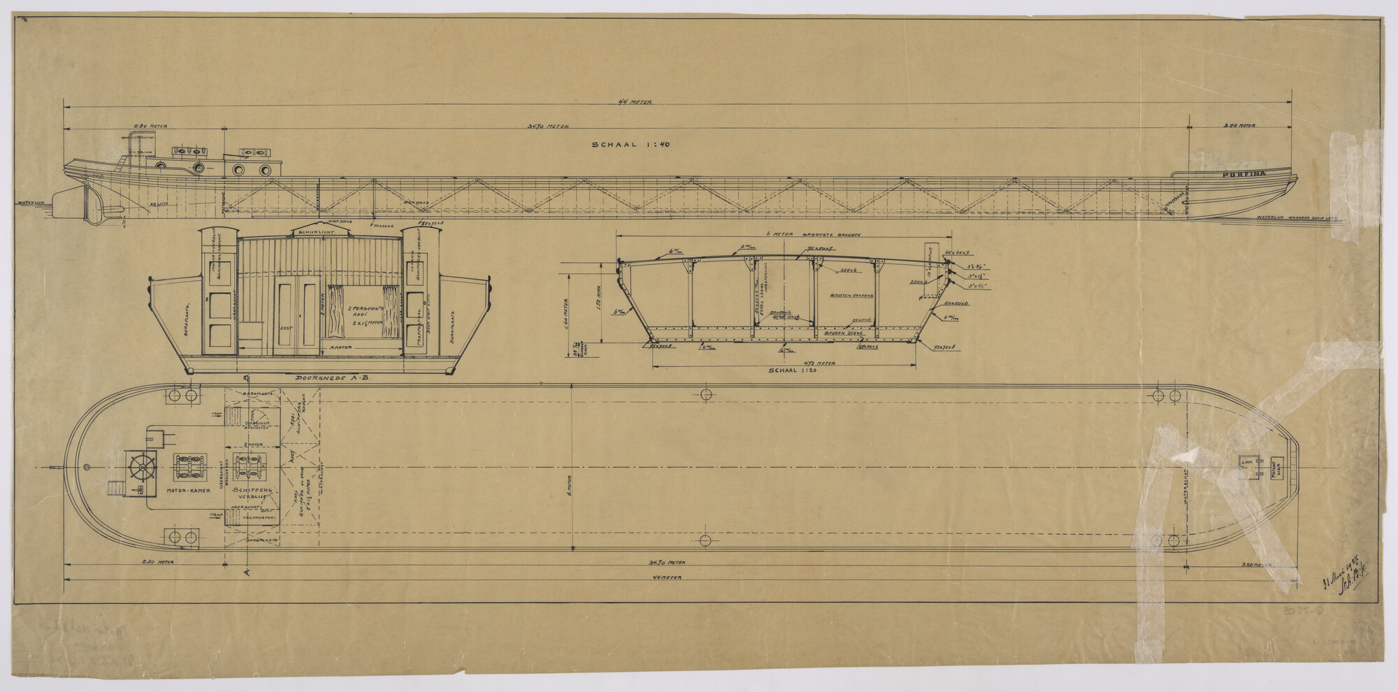 S.5941(17)008; Constructietekening motordekschuit 'Purfina'; technische tekening