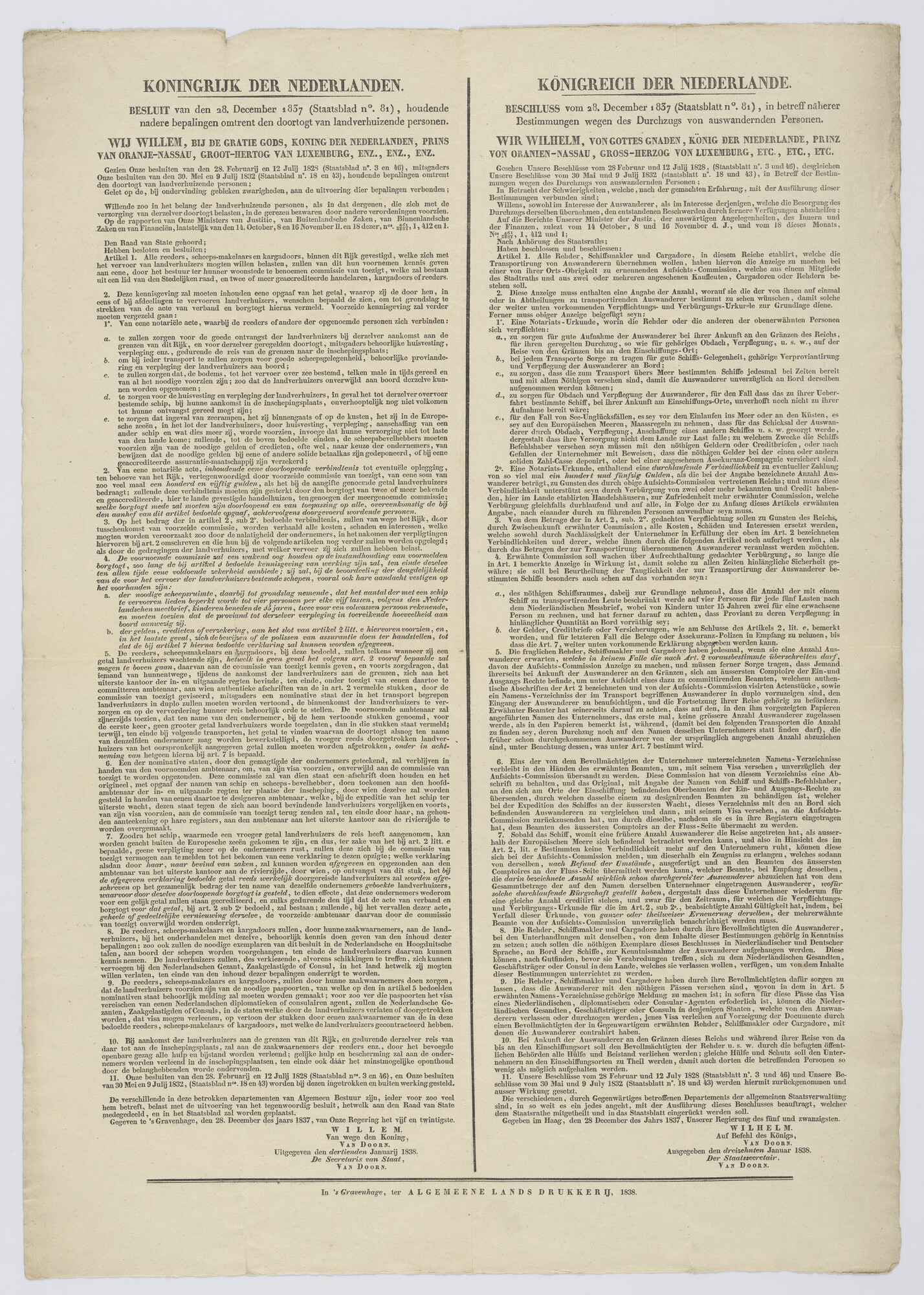 S.1847(22); Koninklijk besluit van 28 december 1837 over de doortocht van landverhuizende personen; verordening