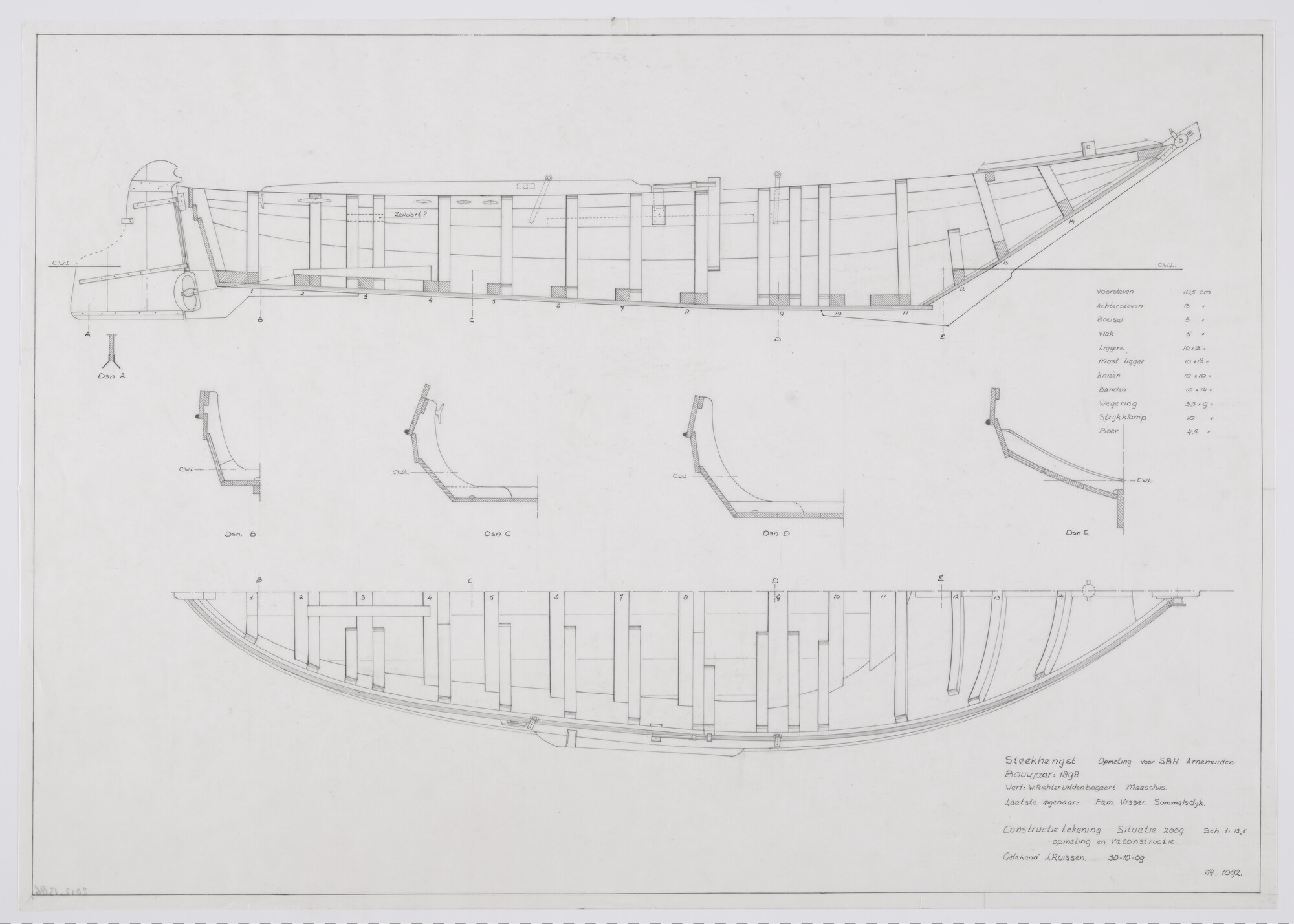 2012.1386; Constructieplan van de steekhengst 'Boreas' van 9.21 meter; technische tekening