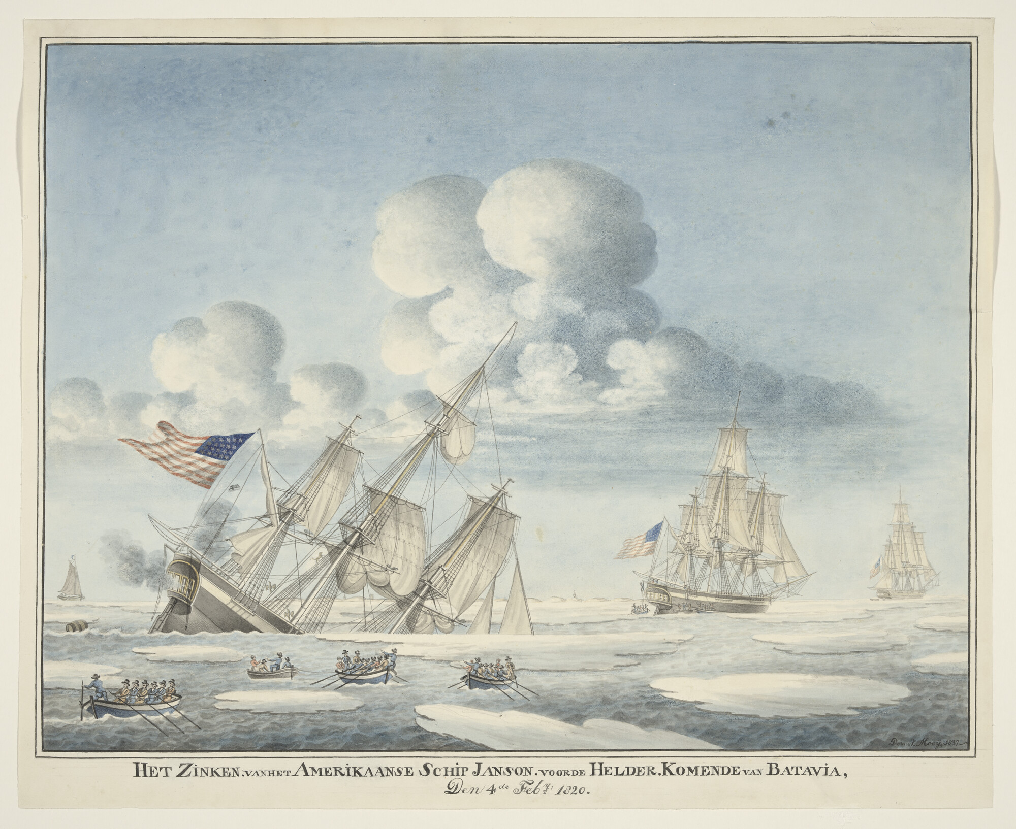 S.1119(21); Schipbreuk van het Amerikaanse fregat 'Janson' op de rede van Den Helder, 1820; tekening