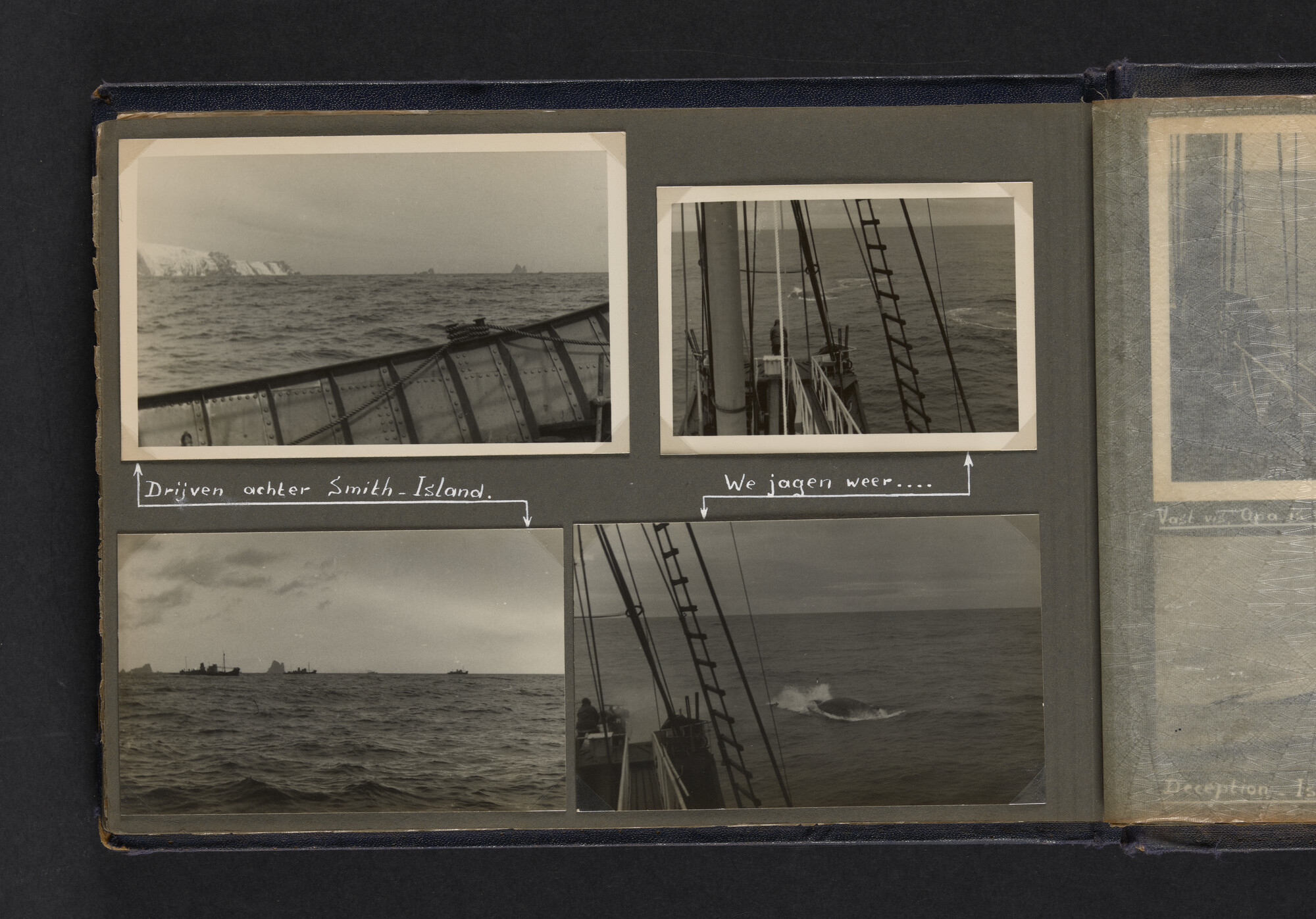 2021.0009; Fotoalbum van Joost Ossewaarde, 4e radiotelegrafist op walvismoederschip Willem Barendsz (II) en walvisjagers, met foto's van vangstseizoenen 1955-1956 en 1956-1957.; fotoalbum