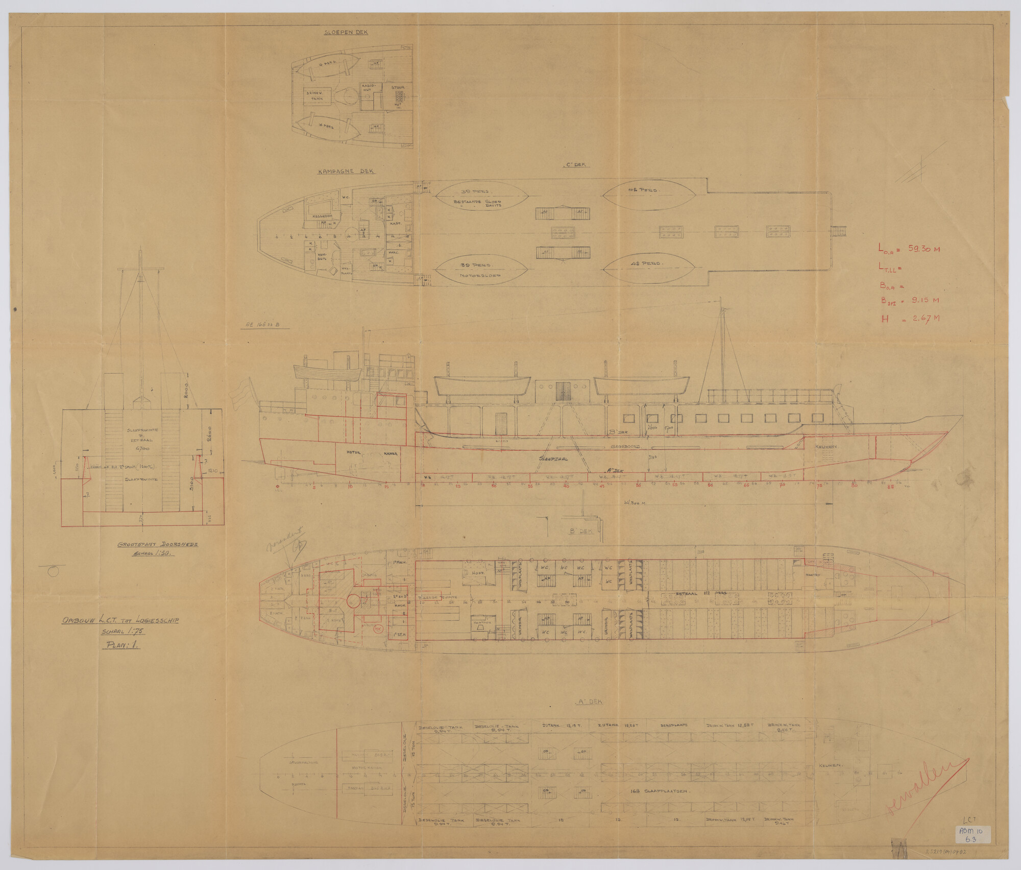 S.5219(04)0492; Algemeen plan ombouw LCT 443 tot vluchtschip; technische tekening