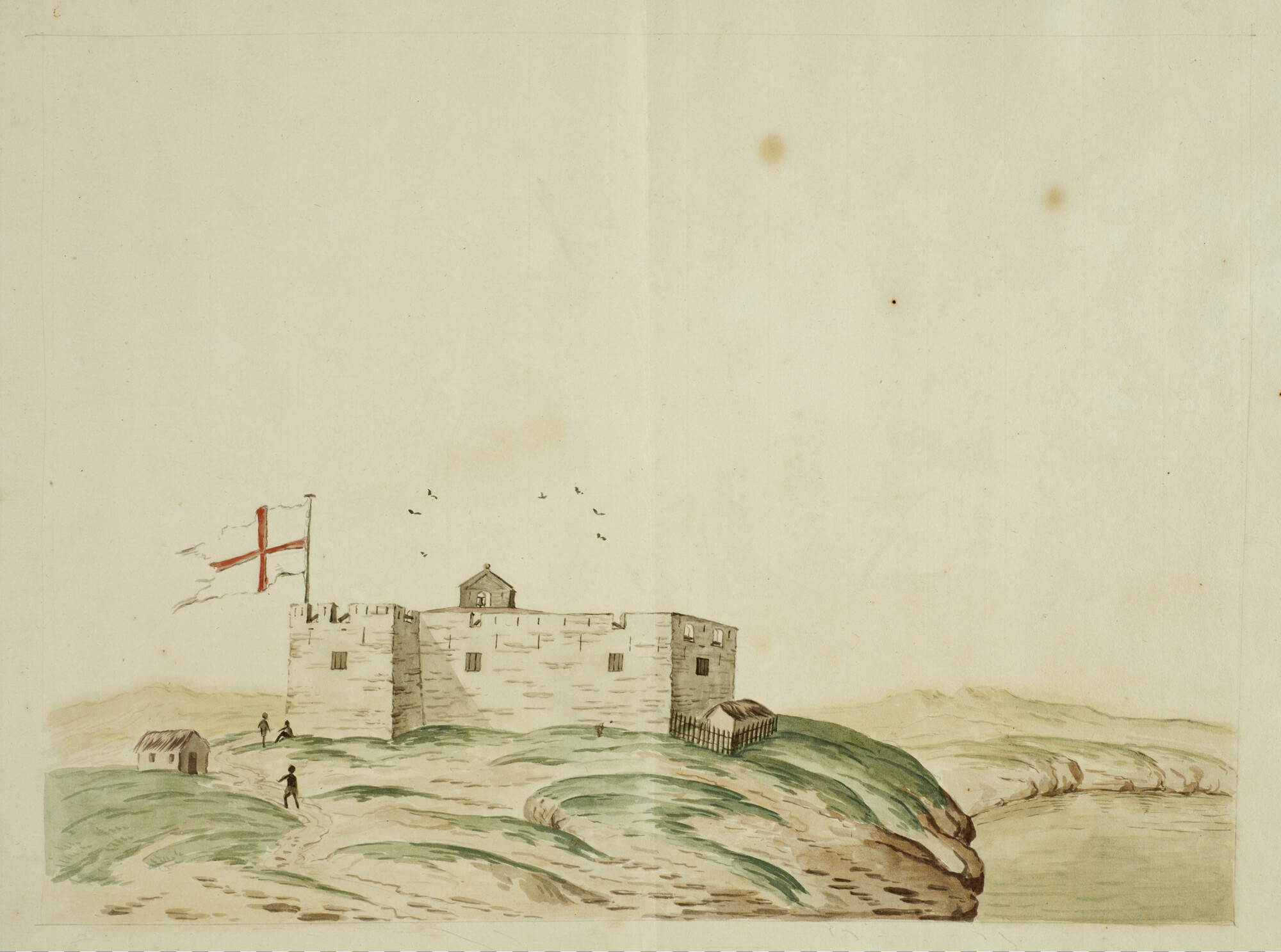 2004.5206; Het Engelse fort Sacondé aan de kust van West-Afrika; tekening