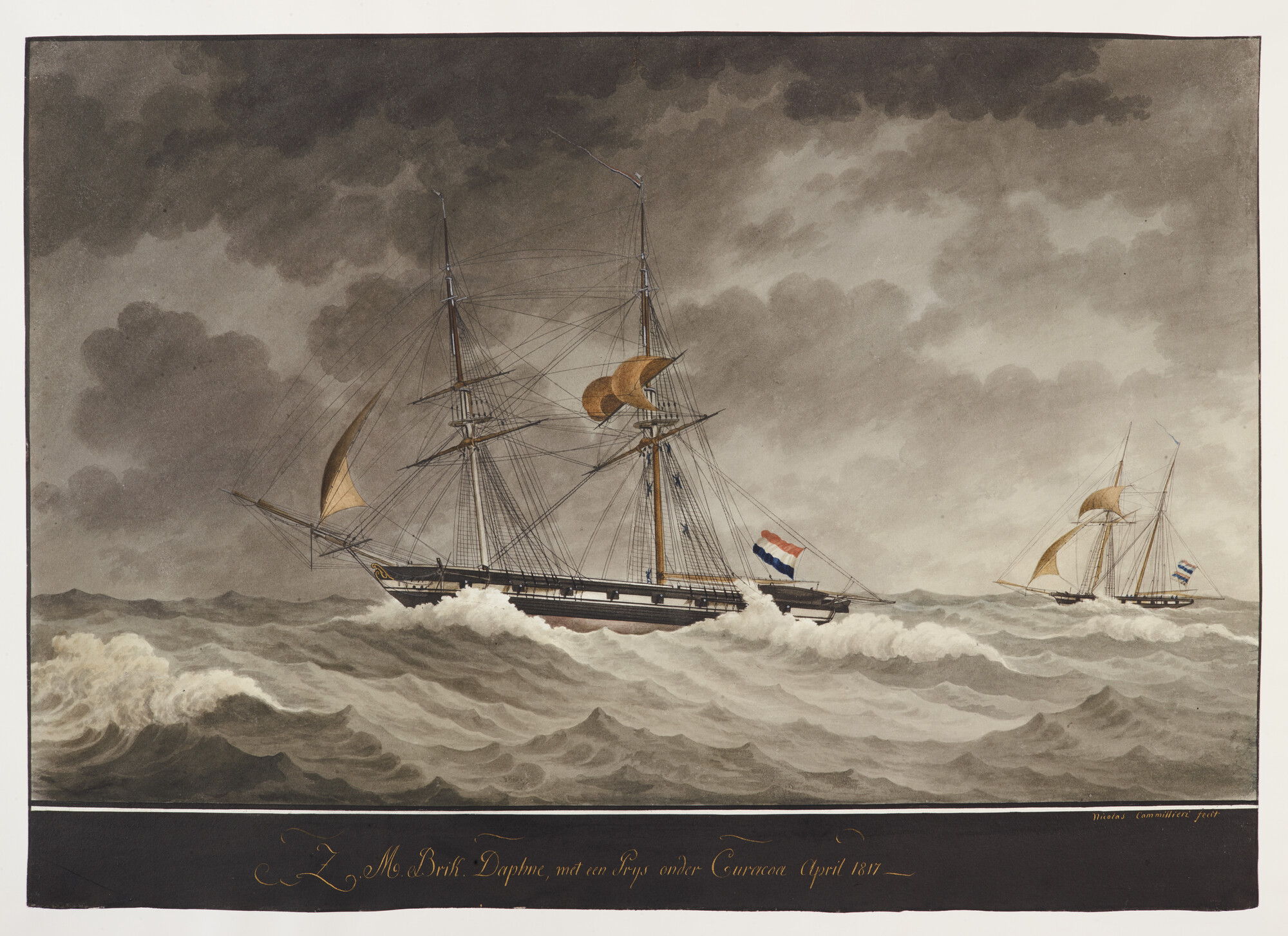 A.0149(0419); De brik Zr.Ms. Daphne met een in beslag genomen schip nabij Curaçao; tekening