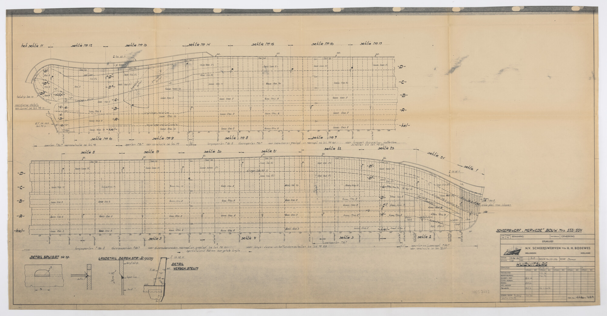 1995.7623; Huiduitslagtekening (1:50) van de binnenvaart motortankschepen Damco 290 [...]; technische tekening