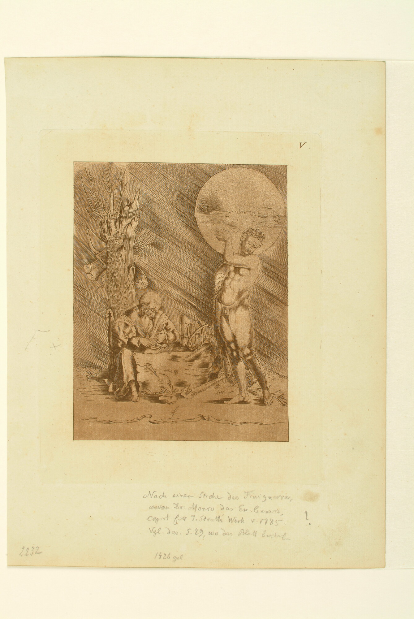 A.0075(193); Afbeelding van een geleerde, met rechts een naakte figuur; prent