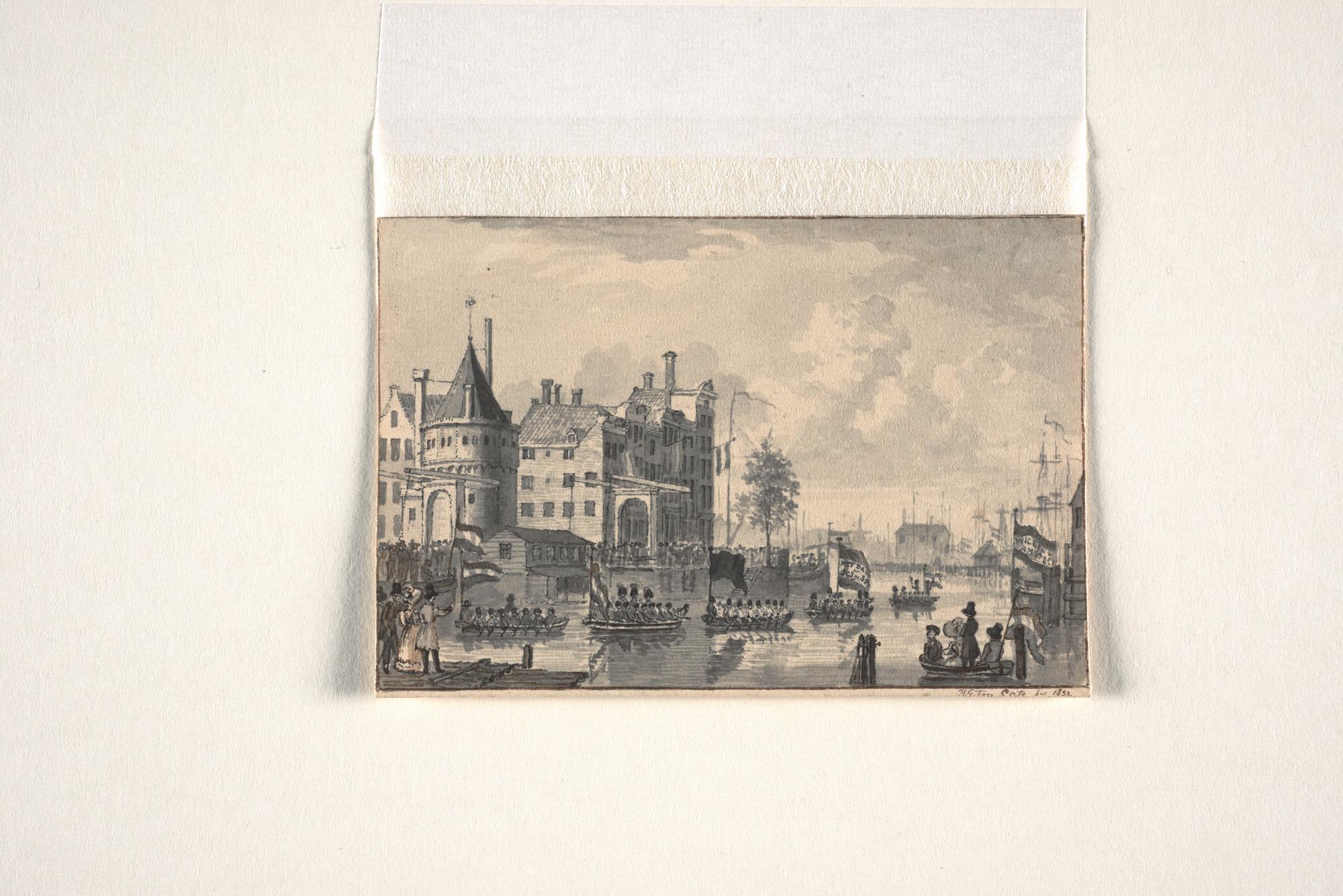 A.0482(03)32; Plechtige lijkvaart van Van Speyk met links gezicht op de Schreierstoren; tekening