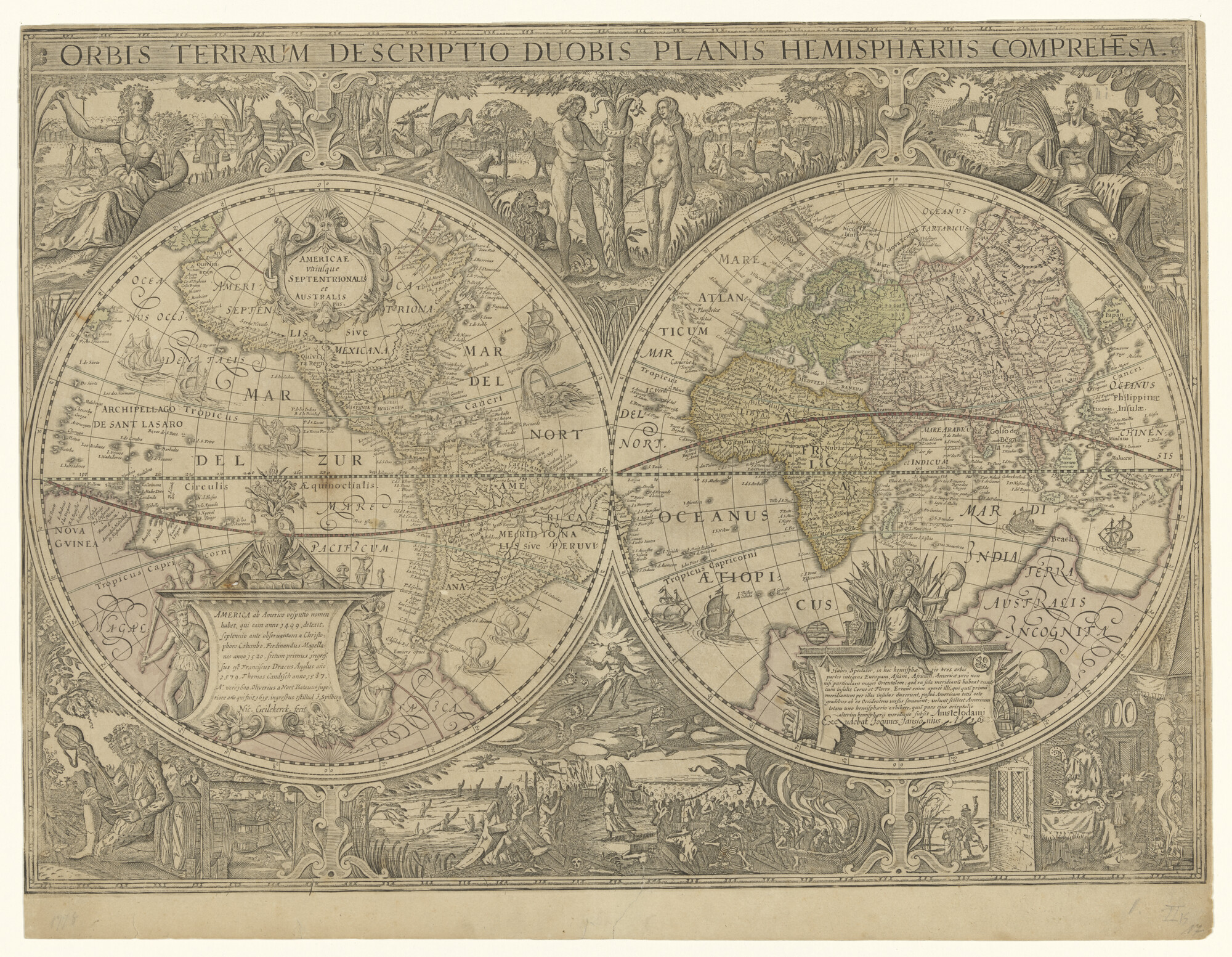 A.0145(211)045; Met de hand gekleurde wereldkaart in twee halfronden van Nicolaas van Geelkerken; wereldkaart