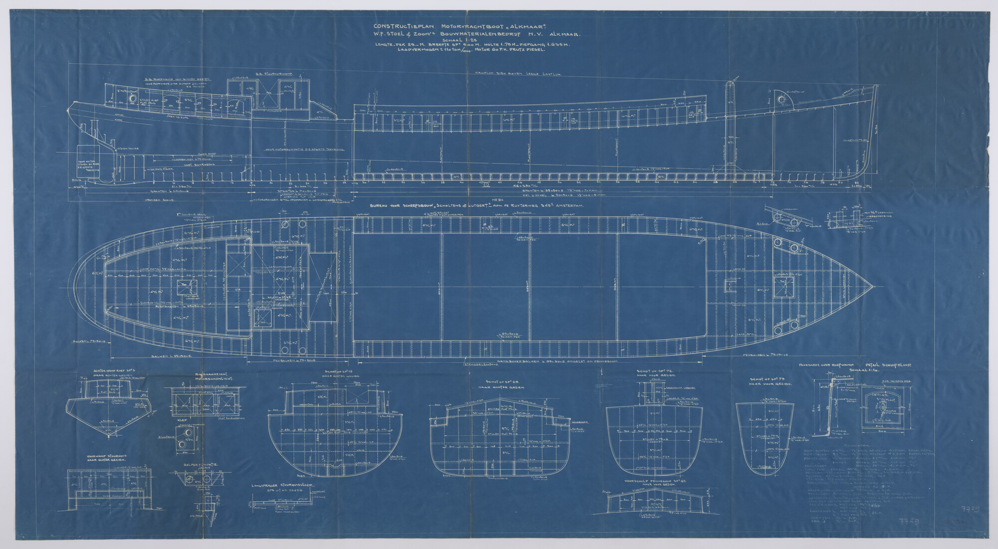 1995.7729; Constructieplan (1:25) van het binnenvaart motorvrachtschip Alkmaar; technische tekening