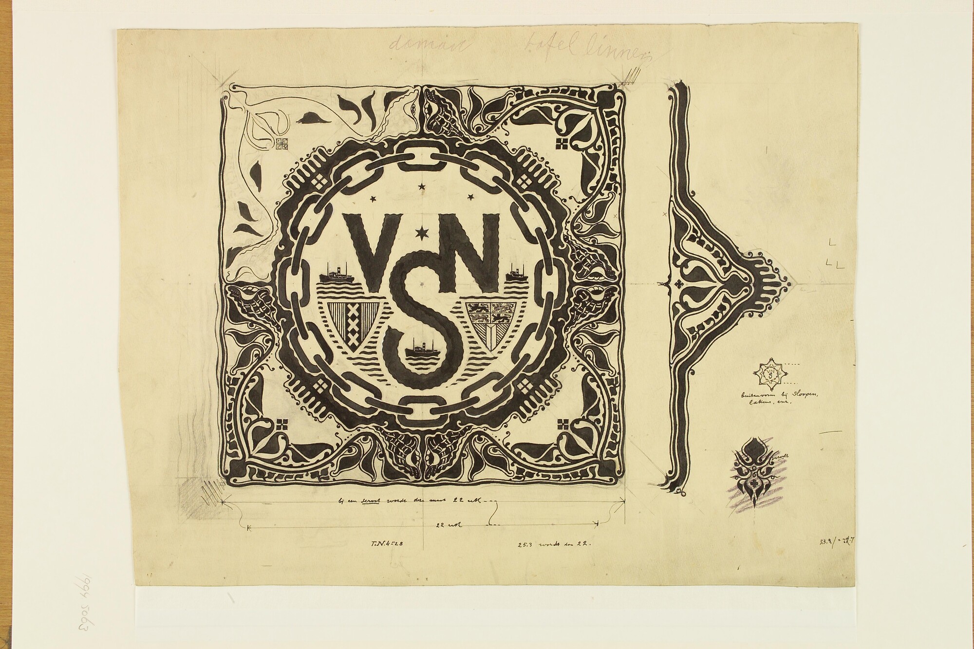 1994.5063; Ontwerptekening voor tafellinnen van de Vereenigde Nederlandsche Scheepvaart Maatschappij; tekening