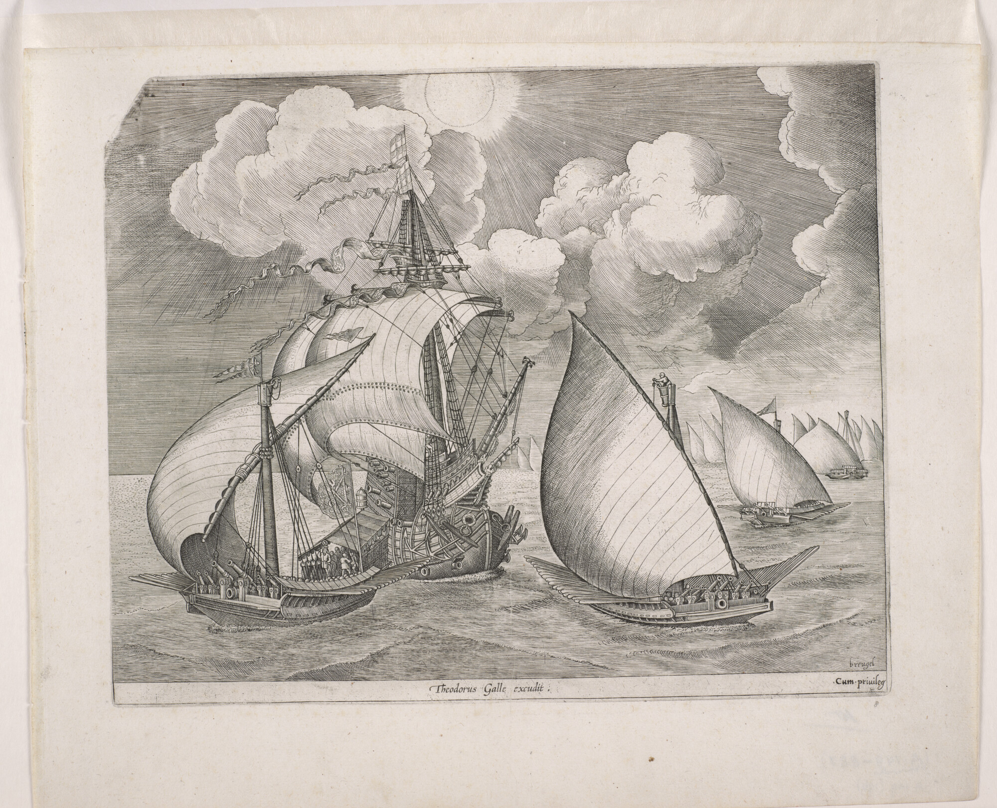 A.0149(0196); Een oorlogsschip met links en rechts een gewapend galeischip; prent